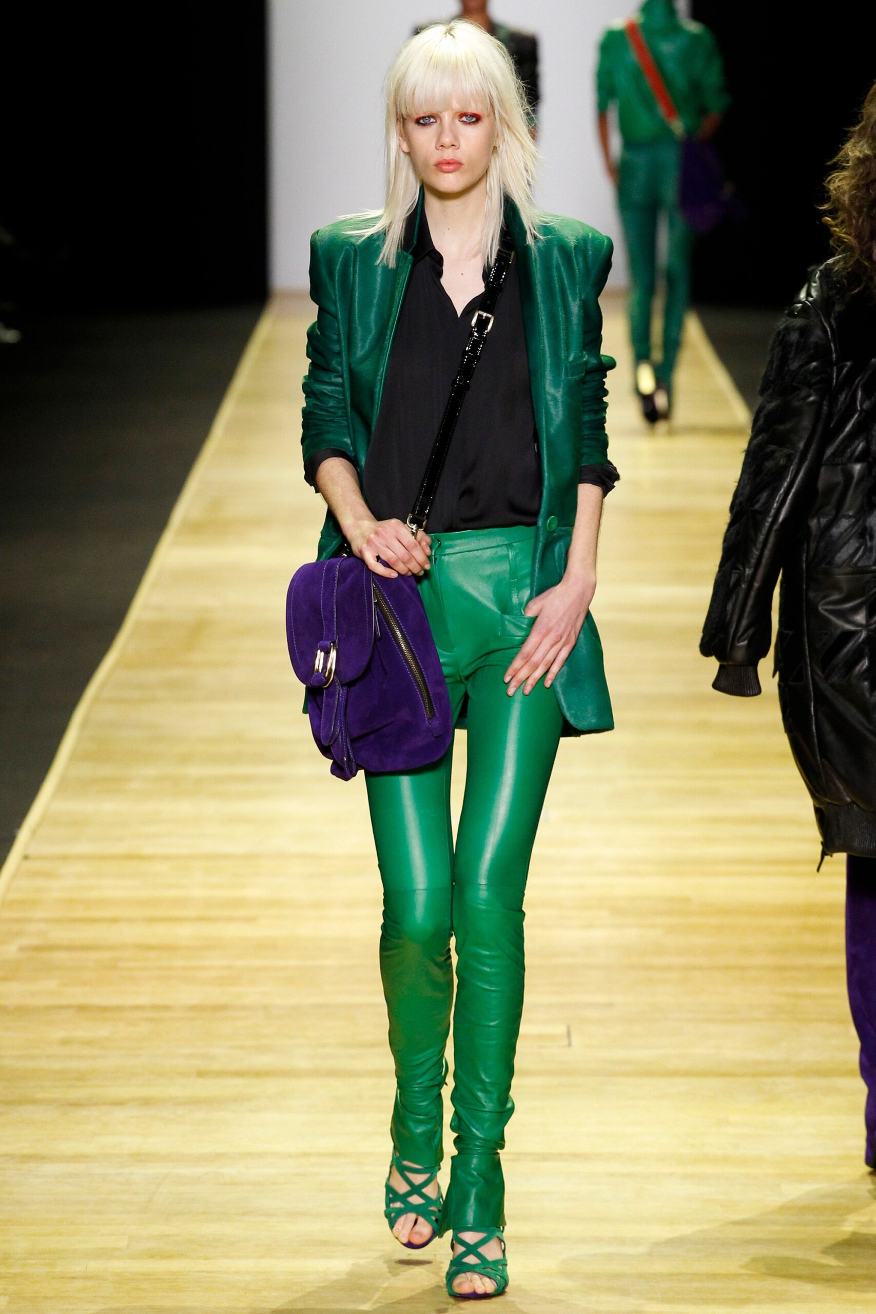 green tailored blazer with fitted pants