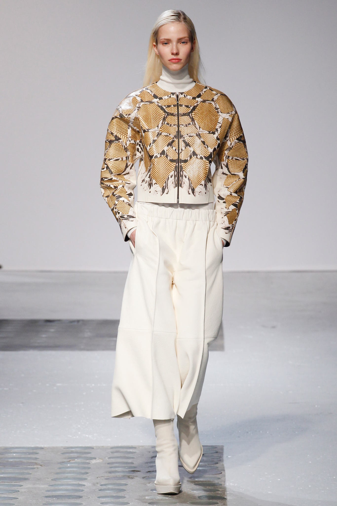 beige leather long-sleeve collared fitted printed jacket