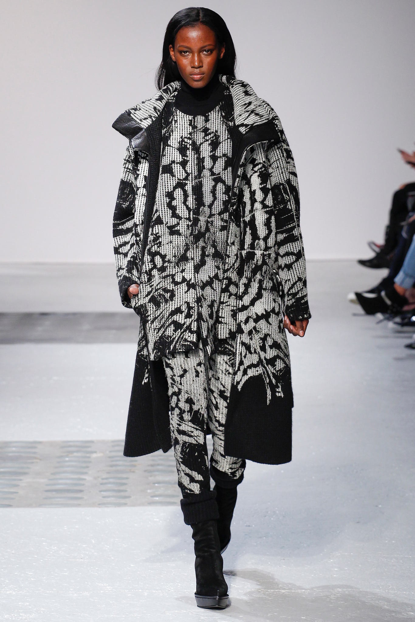 black and white printed coat and jumpsuit