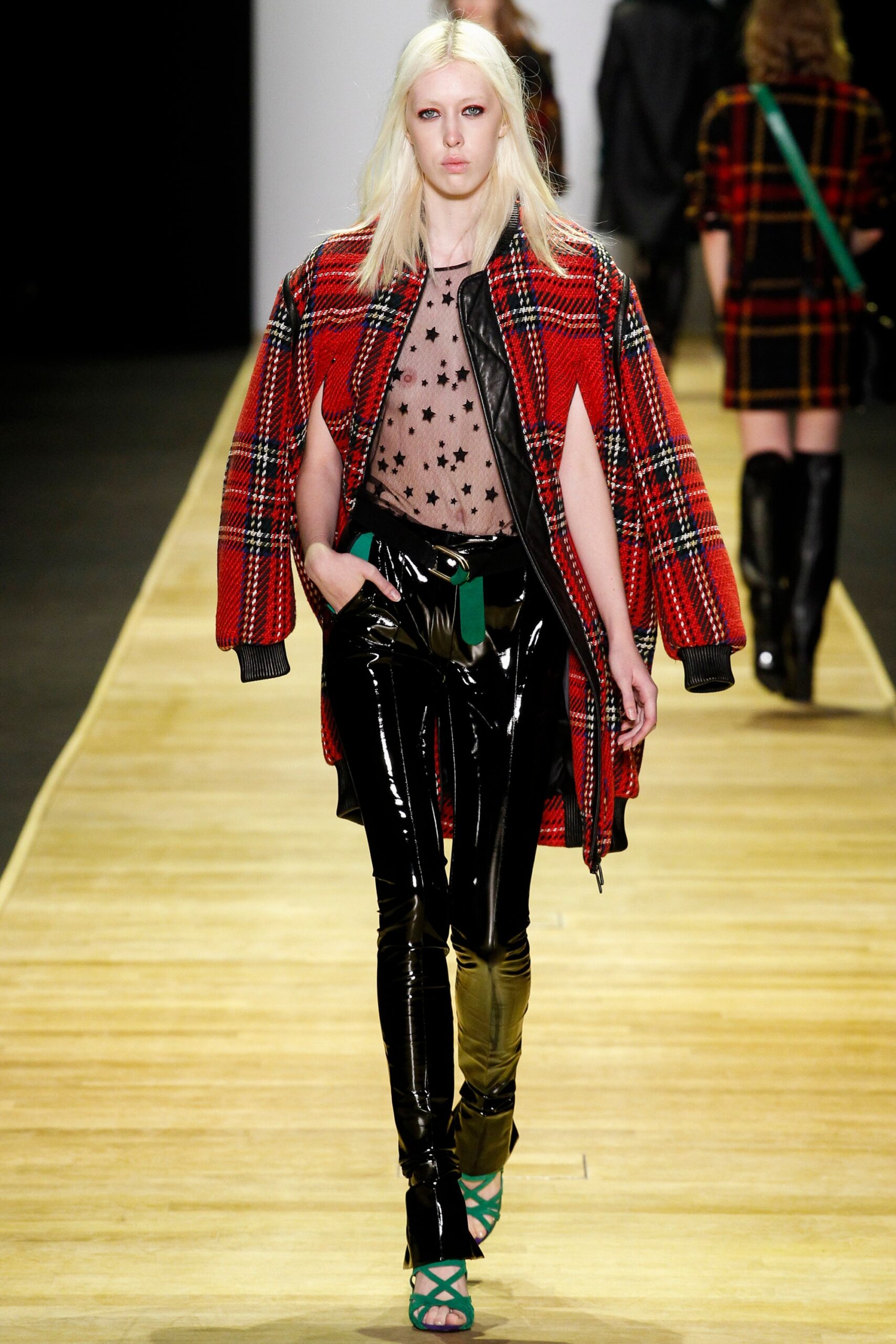 oversized red checked coat with black mesh top