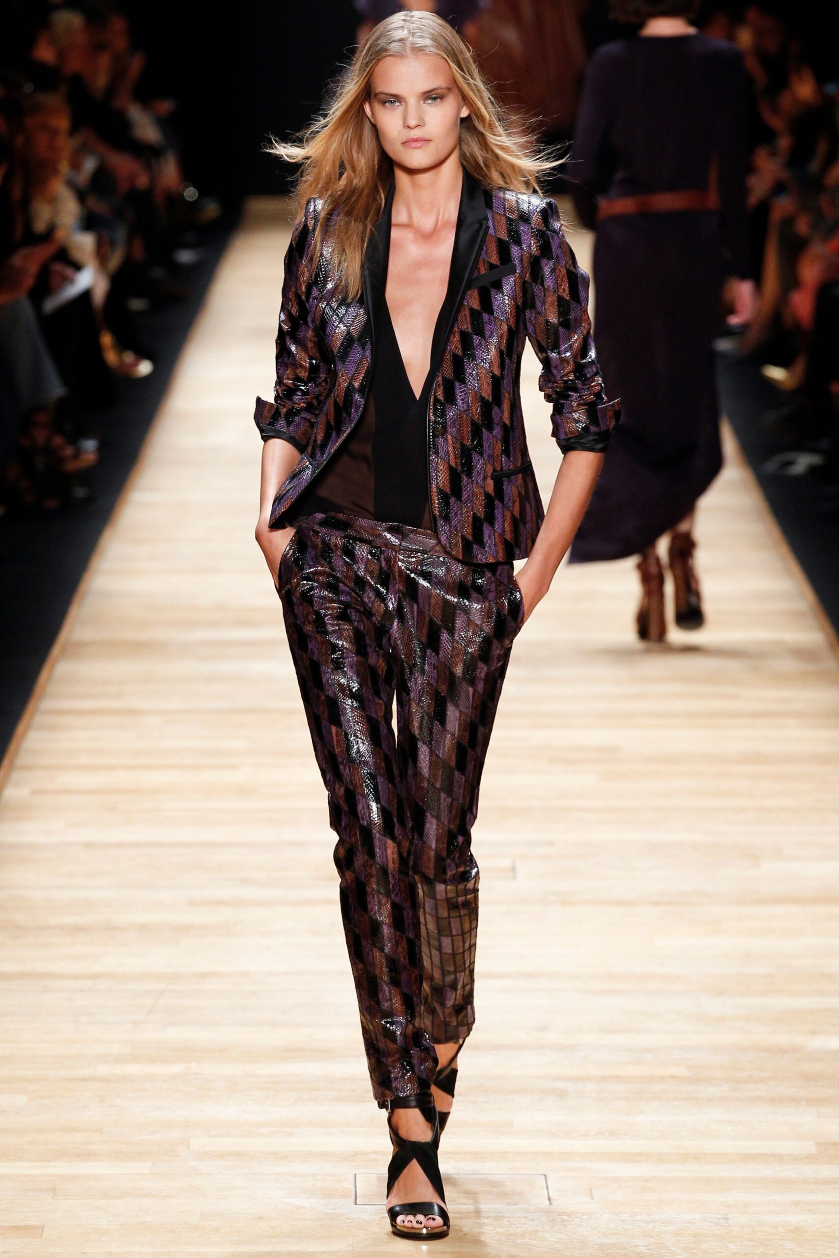 fitted black and purple printed suit