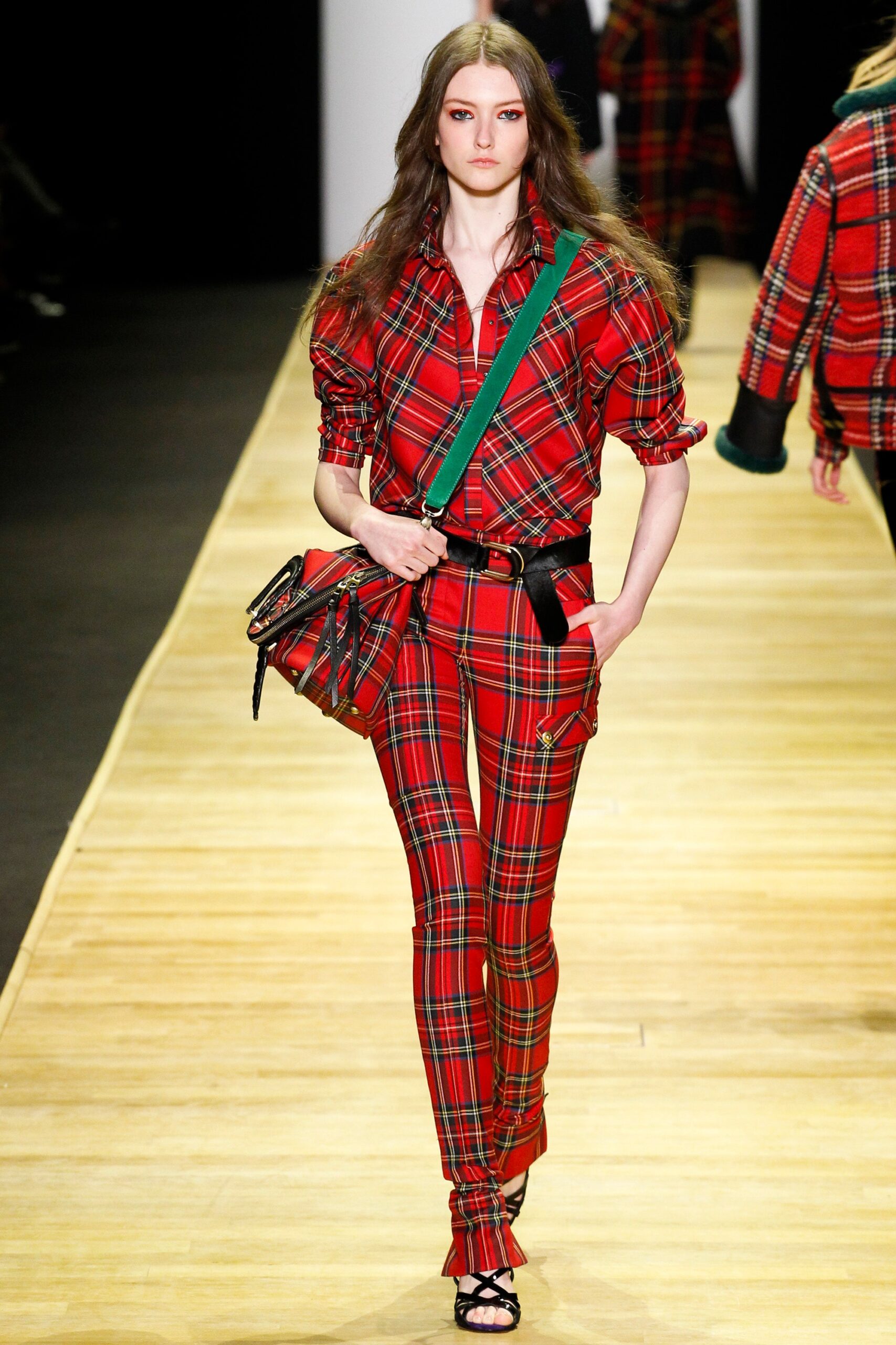 red fitted checked pants