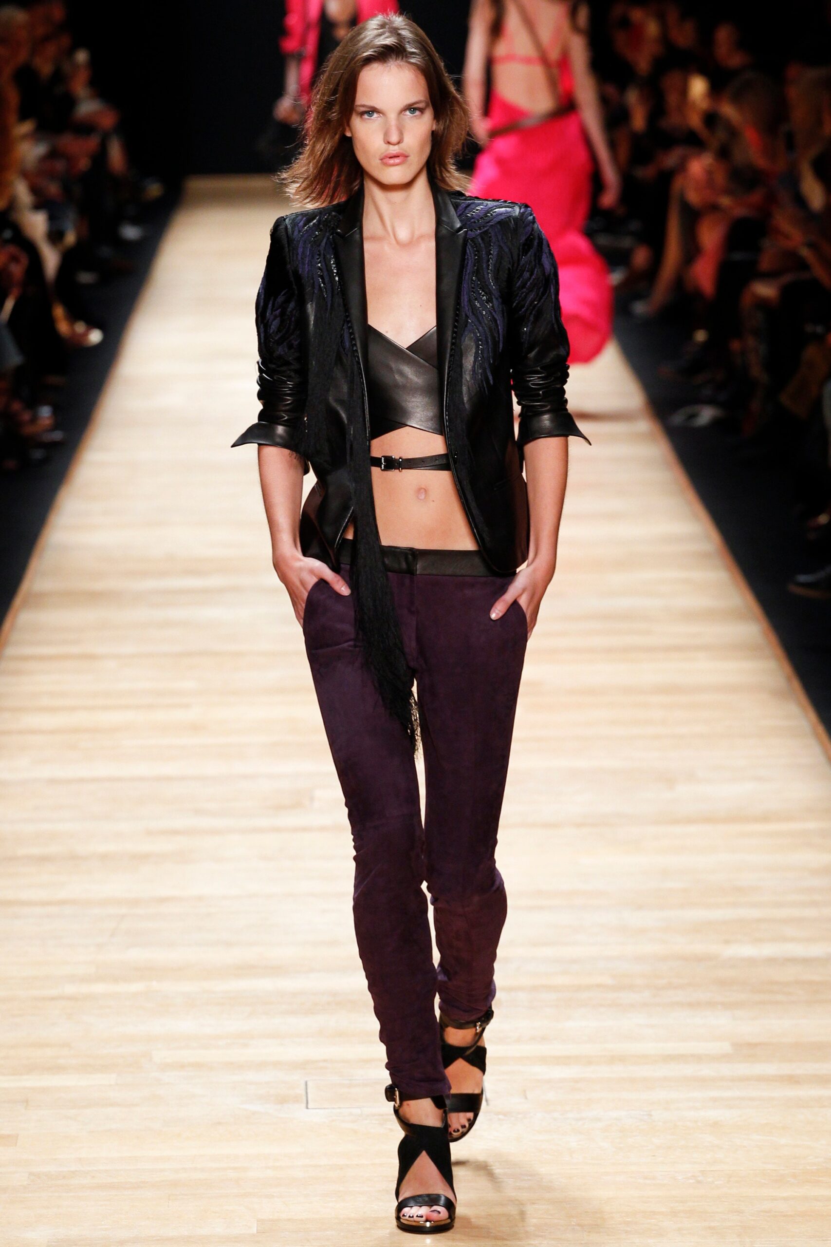 black leather jacket with purple pants