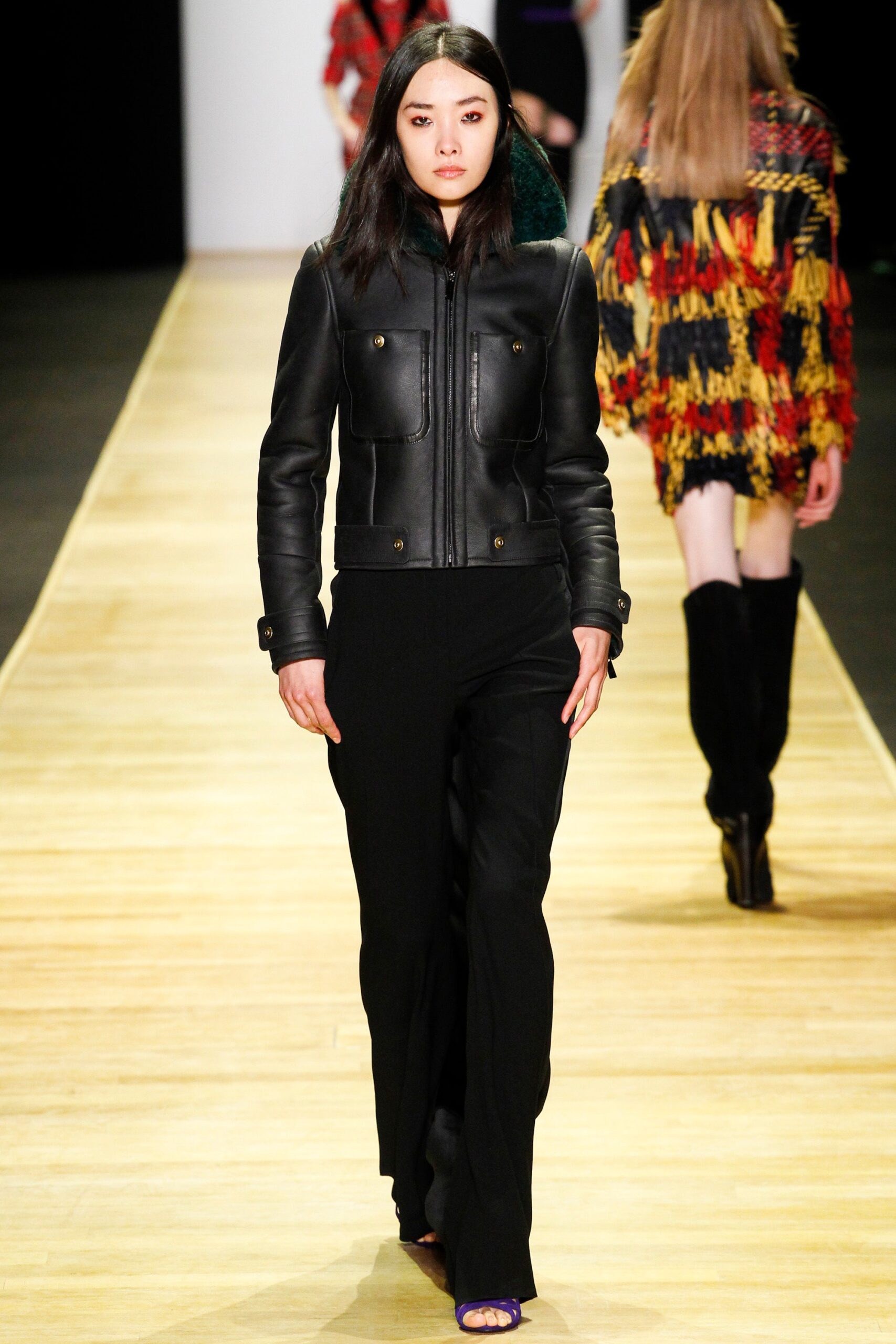 black leather fitted jacket and pants