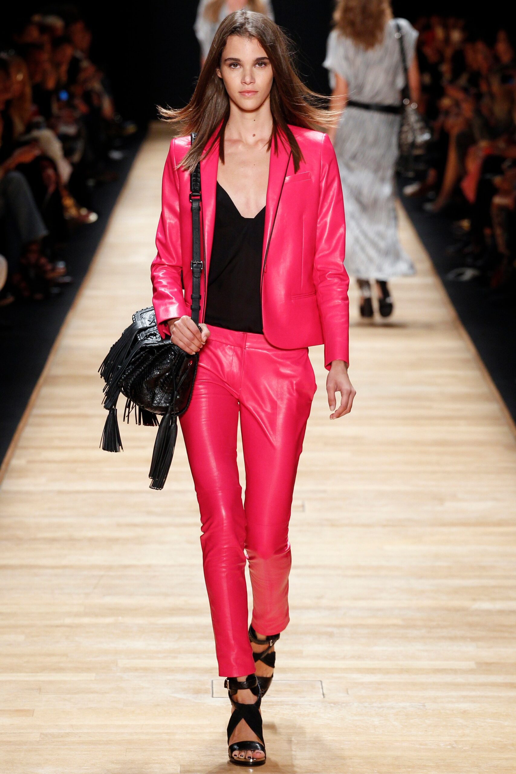 pink leather fitted suit
