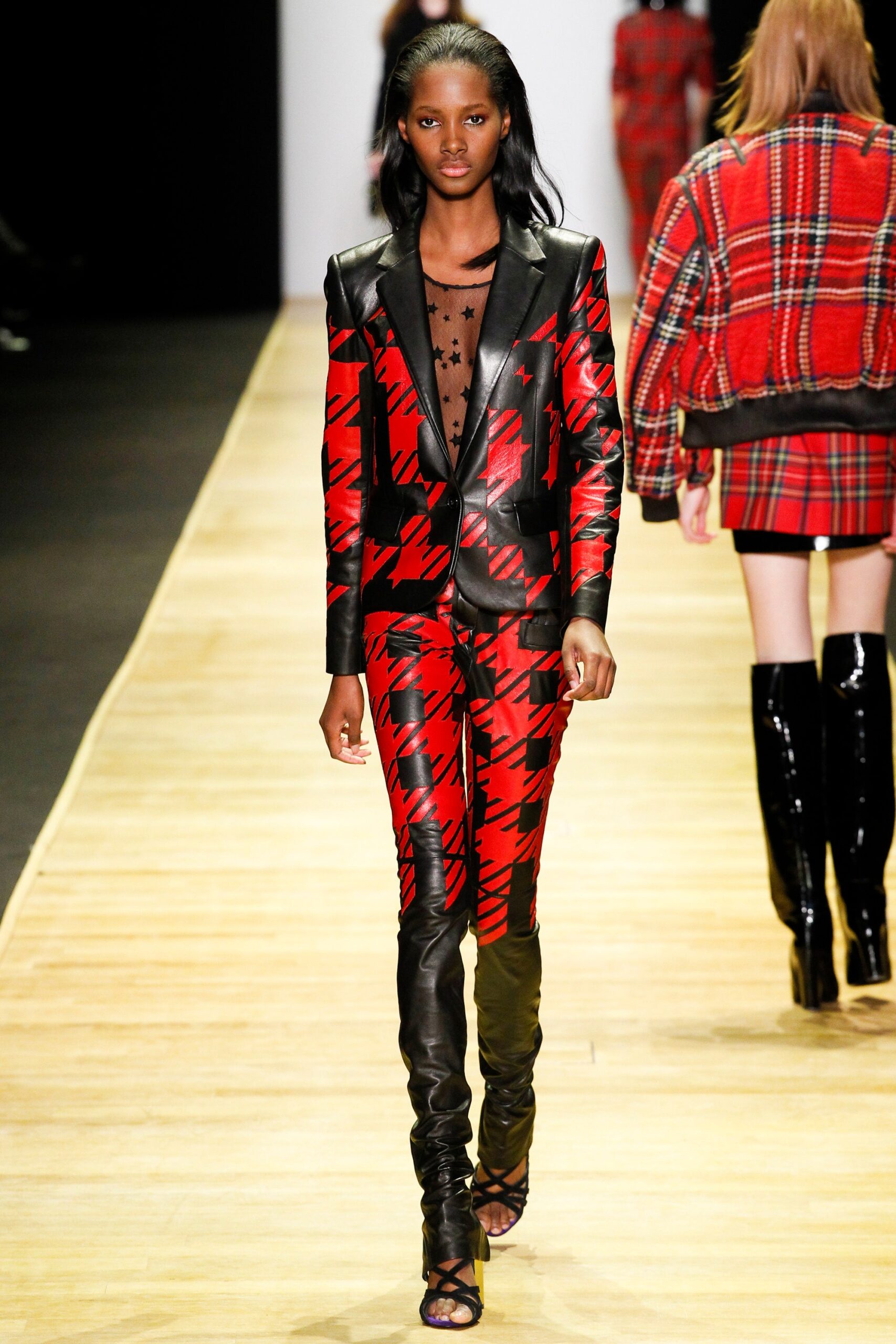 red and black printed leather suit