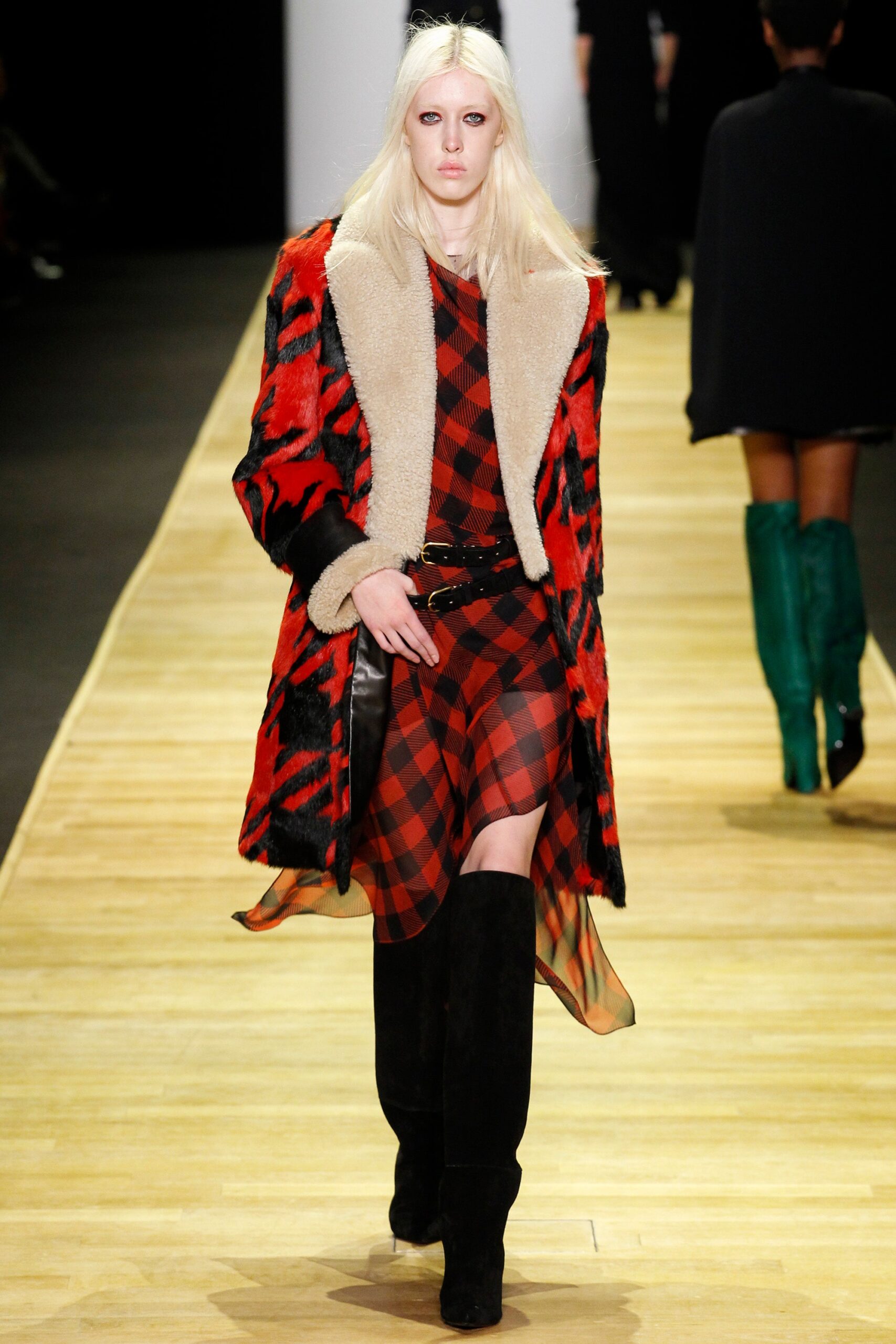 red wool long-sleeve collared relaxed layered coat