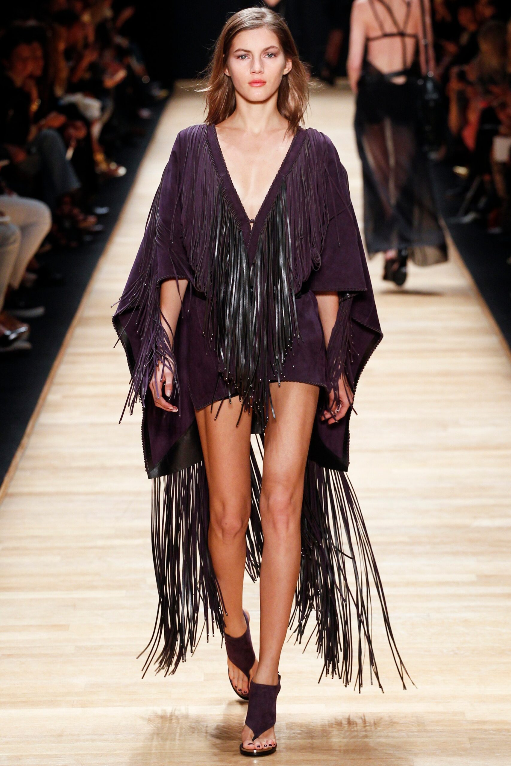 purple fringed poncho with shorts
