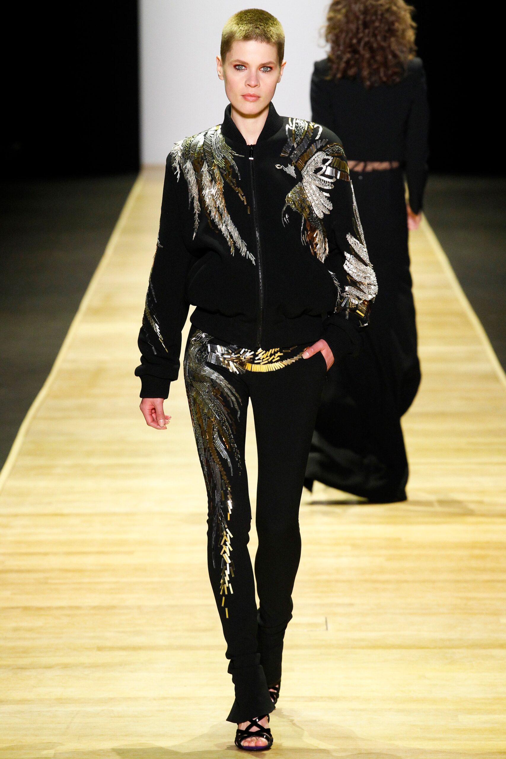 black embroidered silk jacket and pants