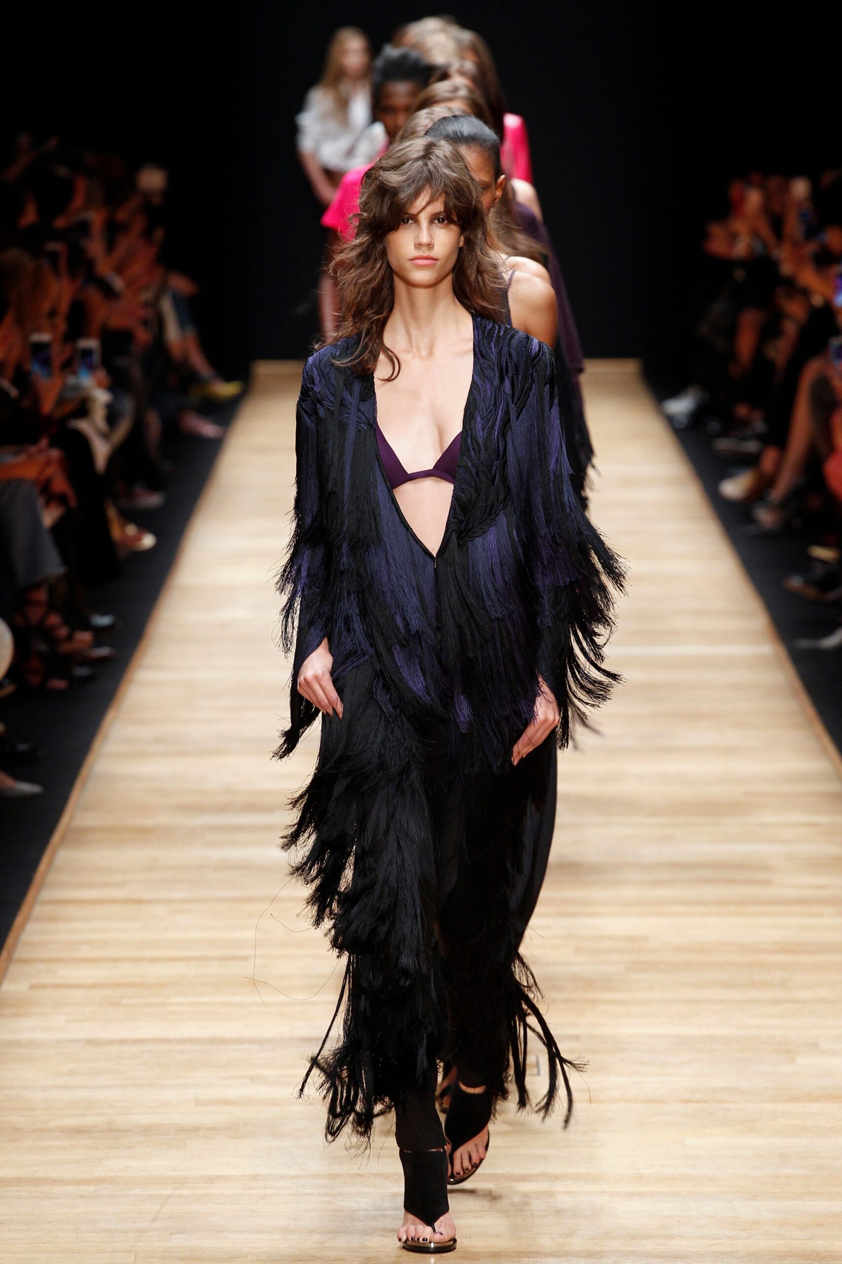 black and purple fringed dress