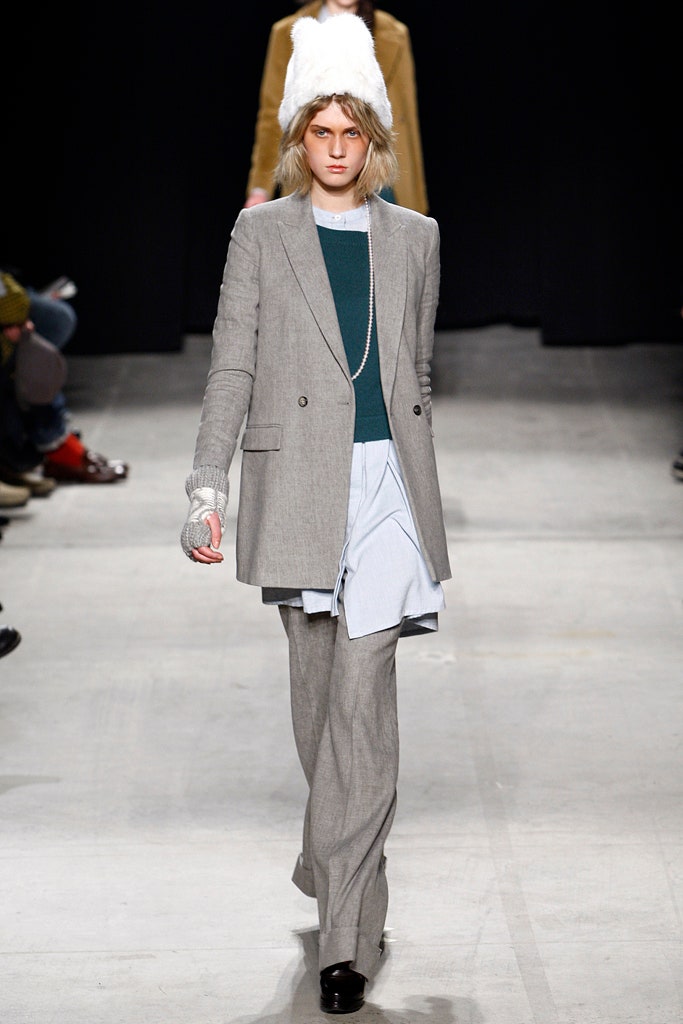 gray tailored suit with teal top