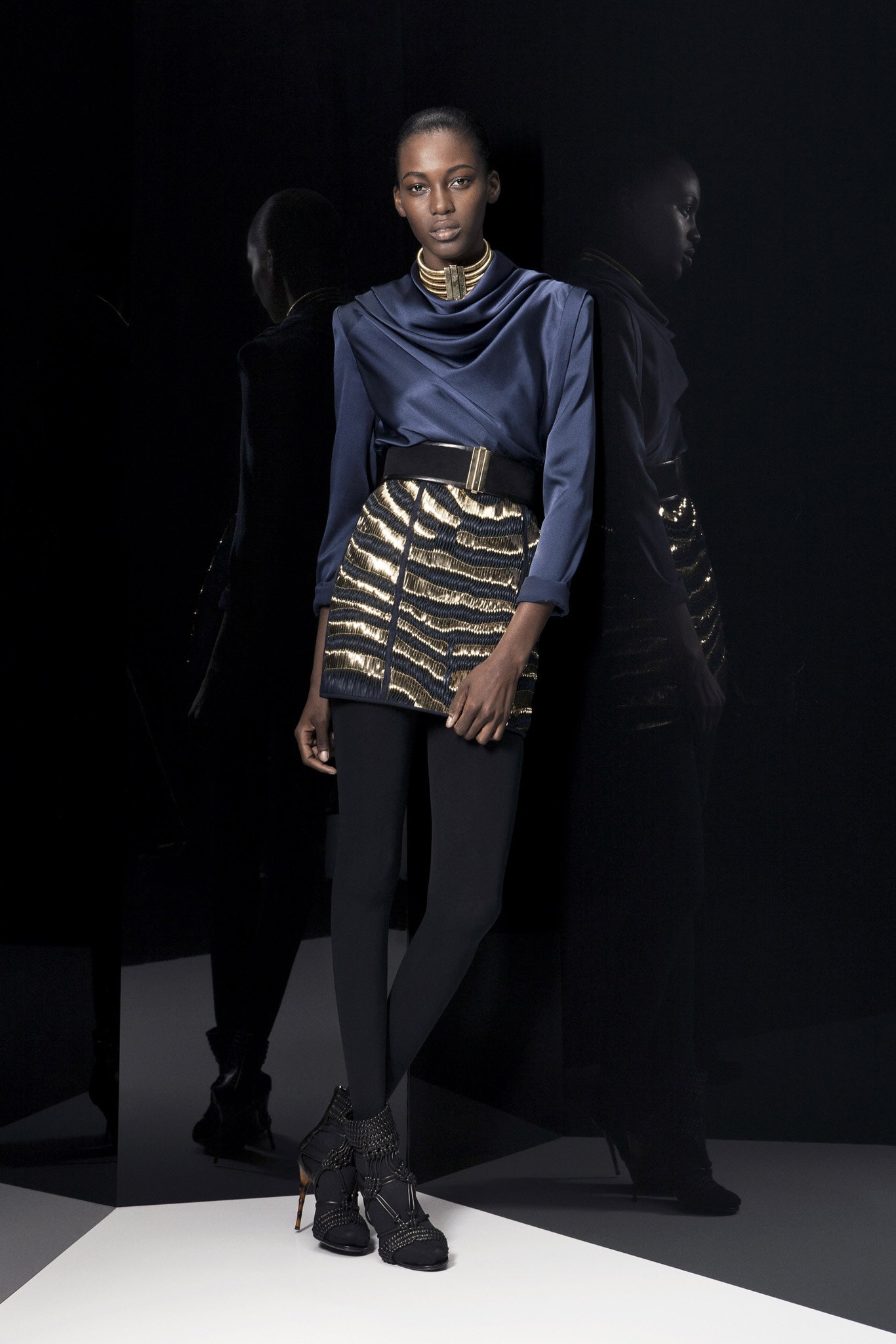 blue silk fitted top with pleated skirt