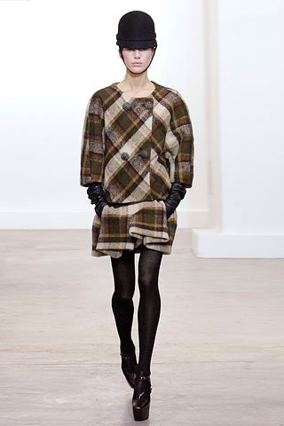 brown wool short-sleeve collared fitted checked pleated dress