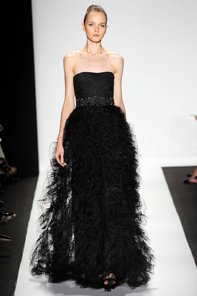 black strapless ruffled gown