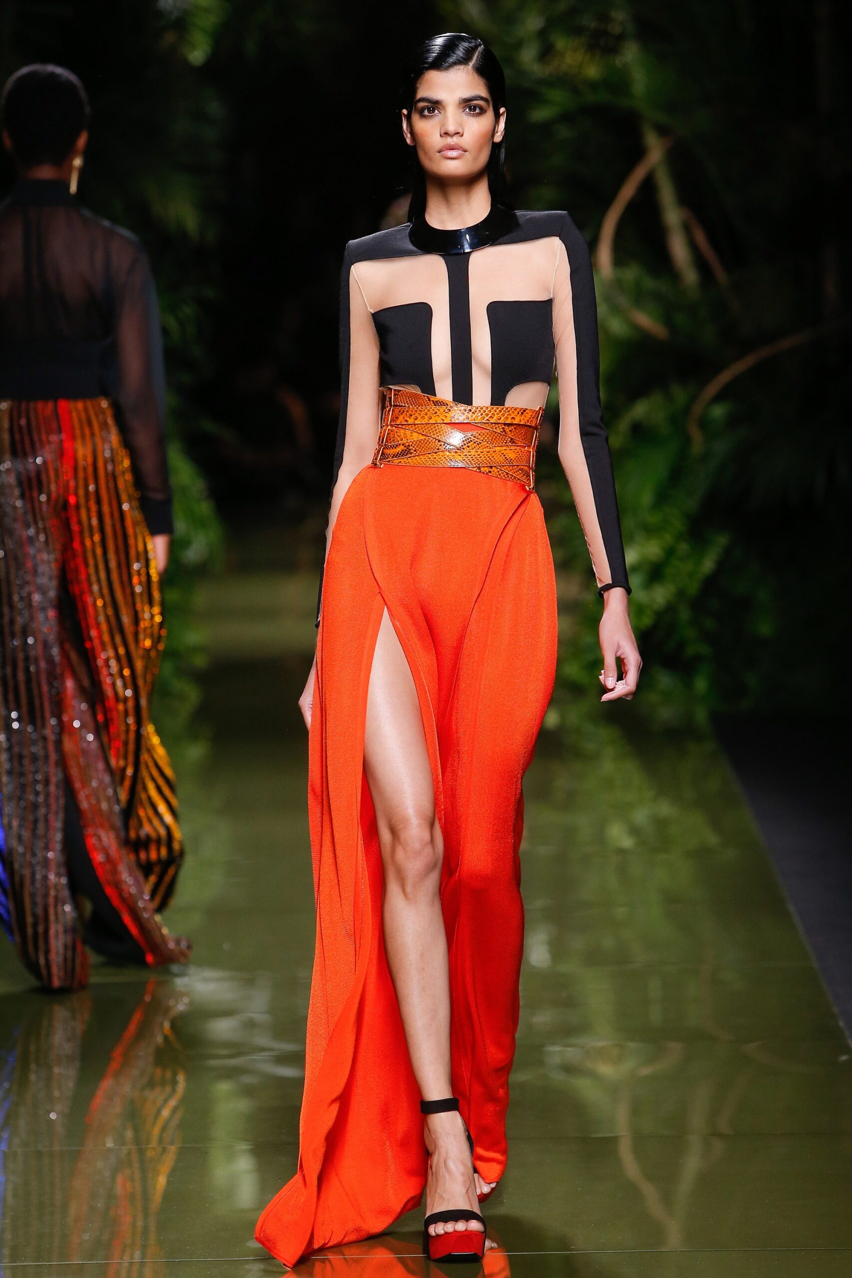 orange silk sleeveless high-neck fitted layered flowing gown
