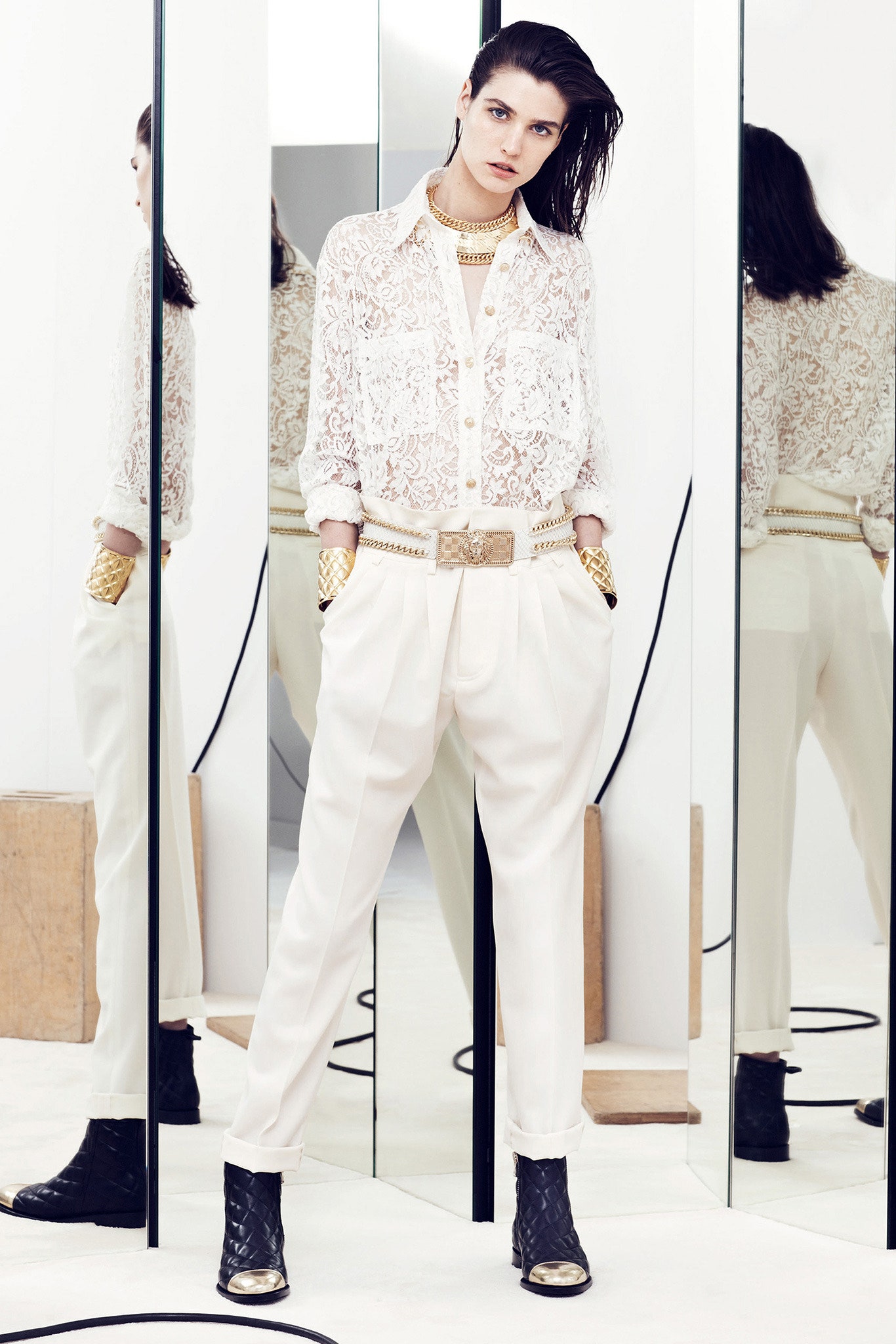 white lace shirt with relaxed pants
