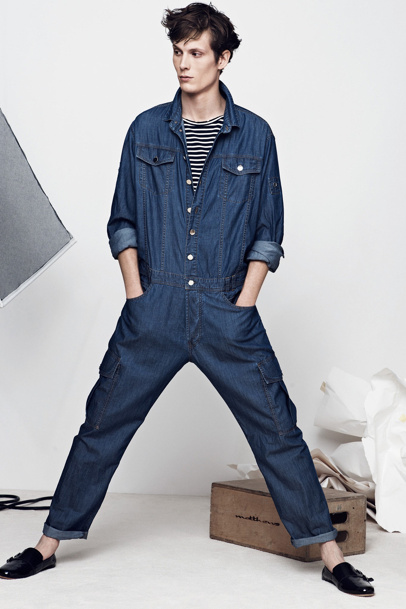 blue denim jumpsuit with striped t-shirt