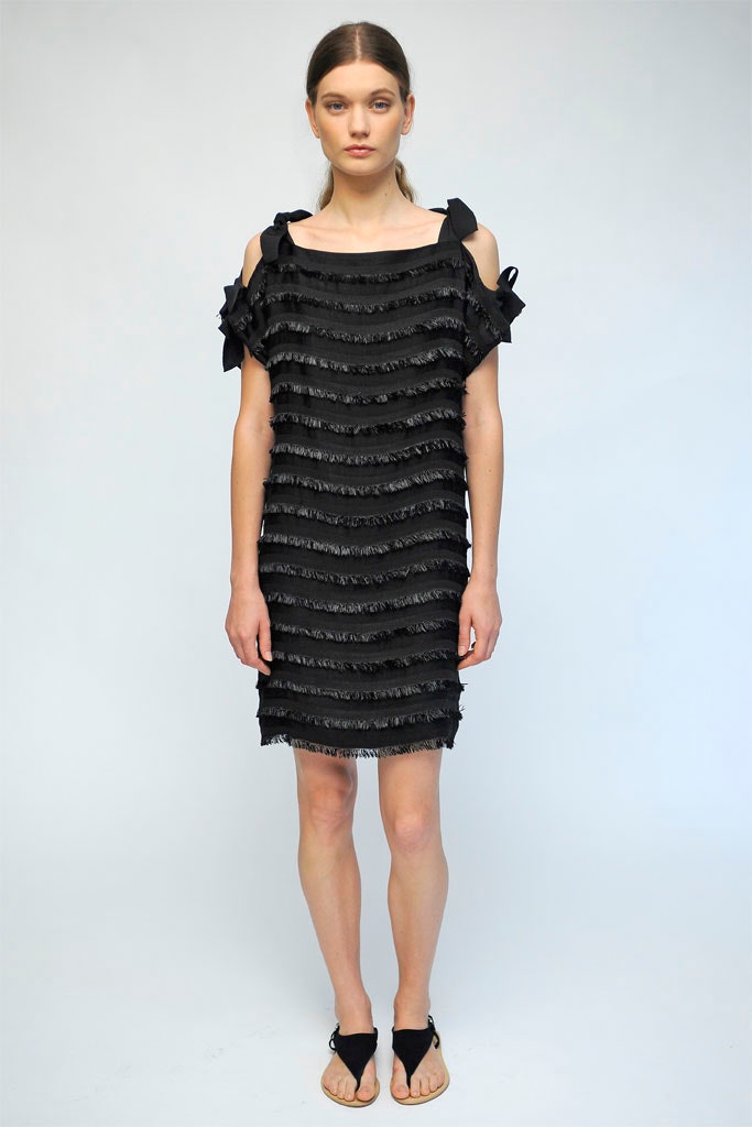 black unknown sleeveless boat-neck fringed ruffled textured mini-dress