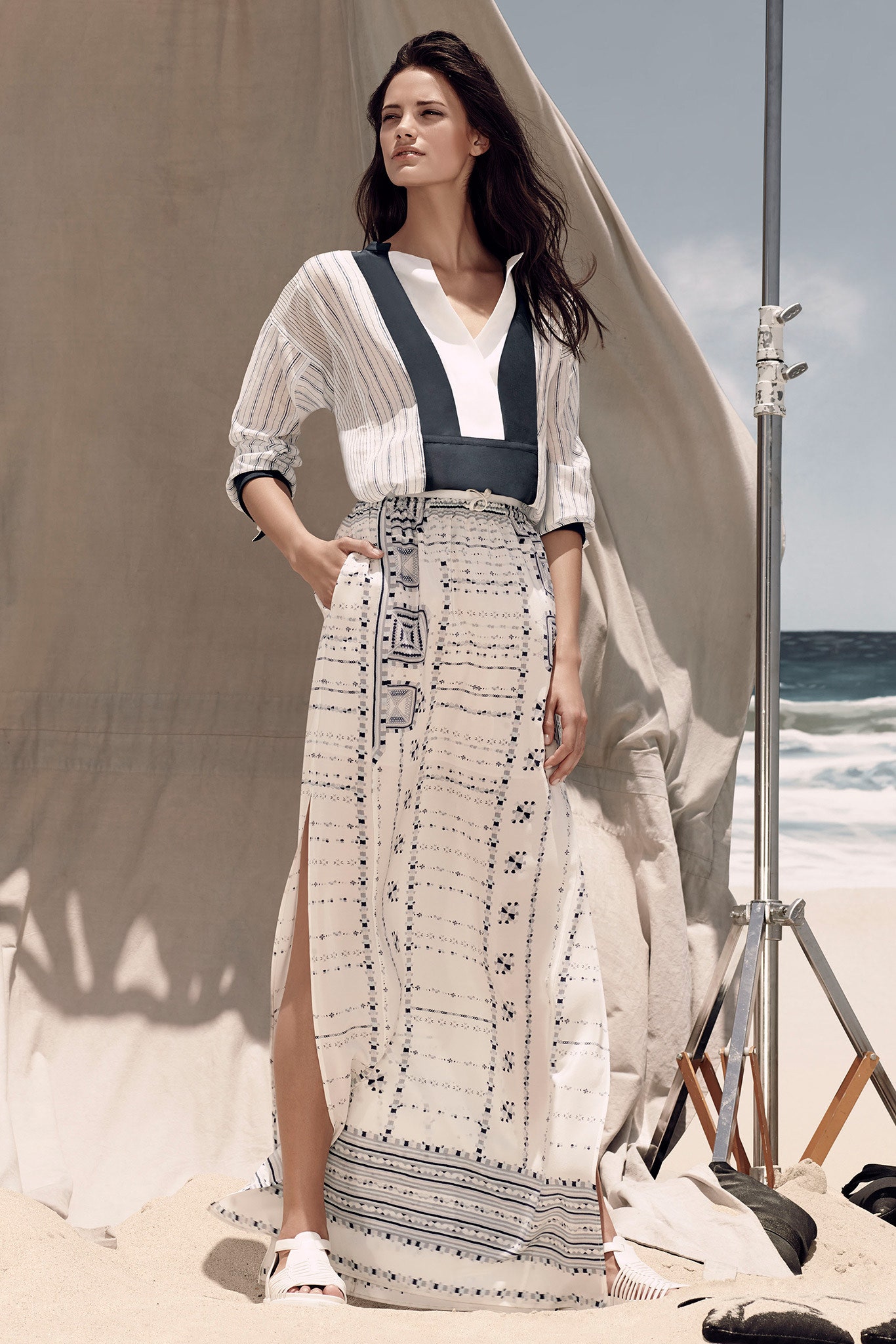 white blue striped blouse and embroidered maxi skirt