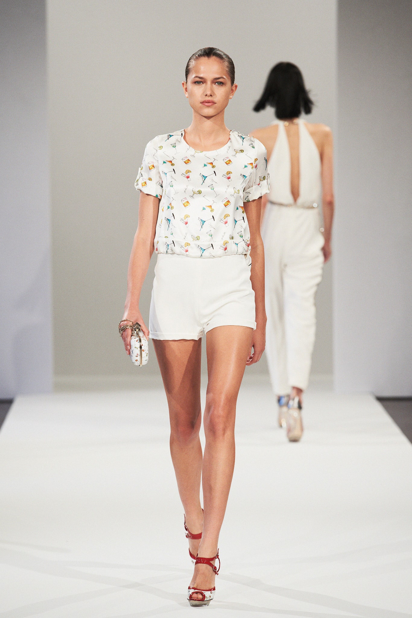 white printed top with shorts