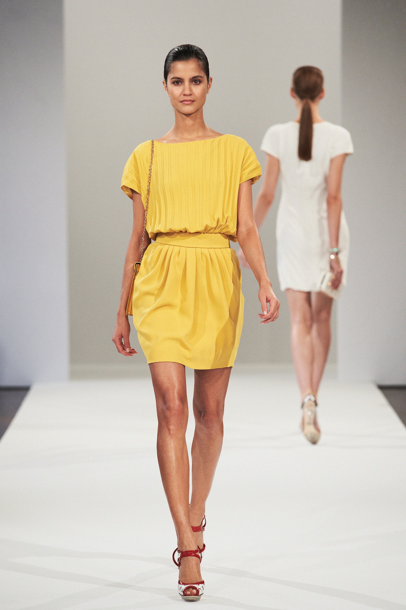 yellow pleated mini dress