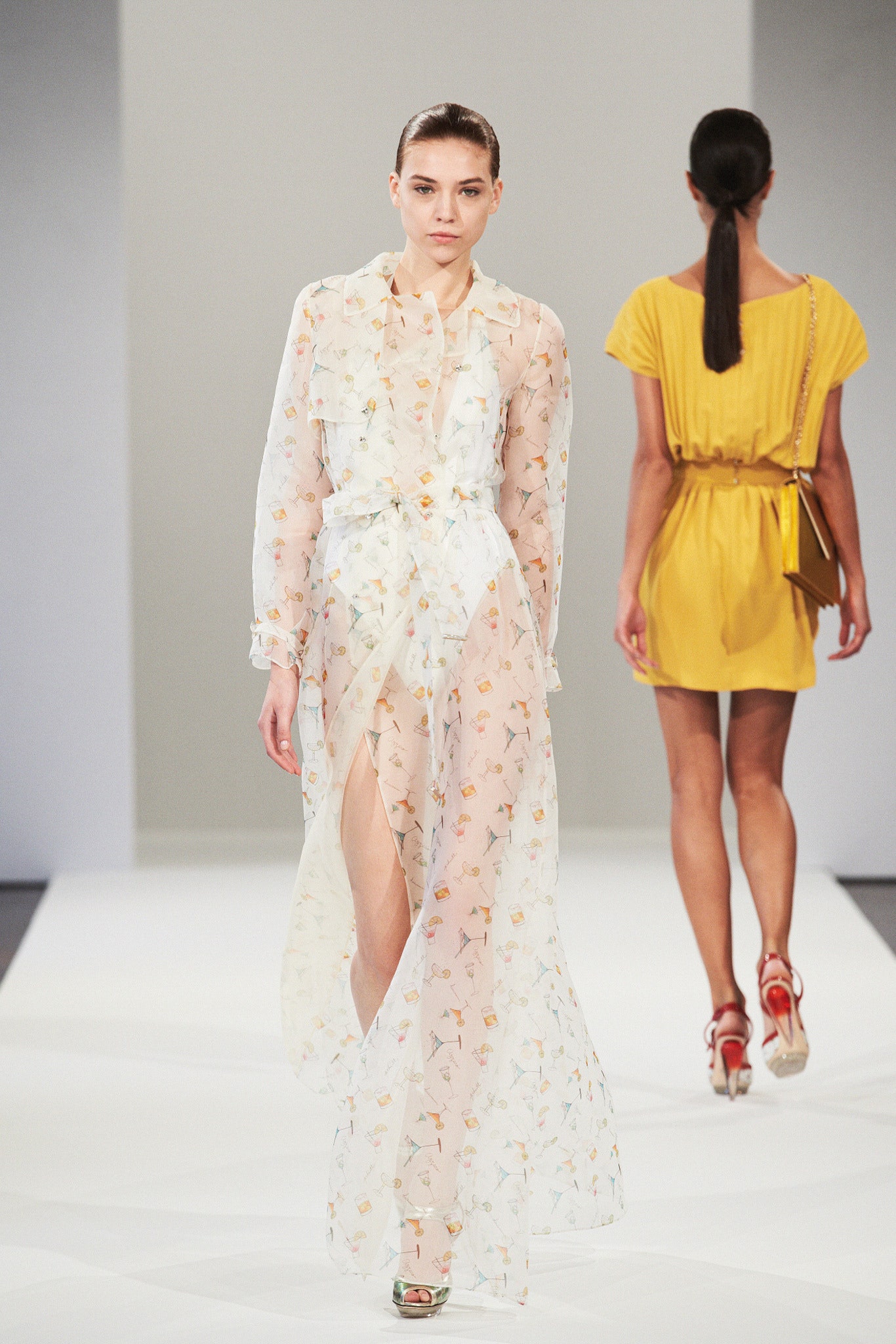 sheer floral midi dress and yellow short dress