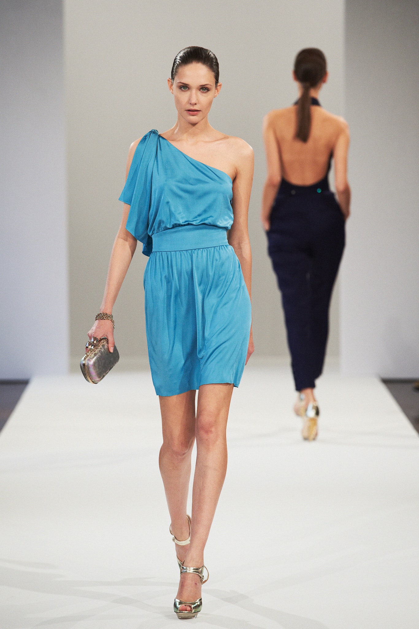 blue silk one-shoulder dress
