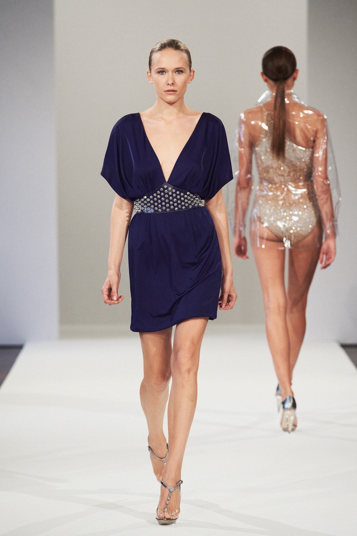 blue silk v-neck mini dress