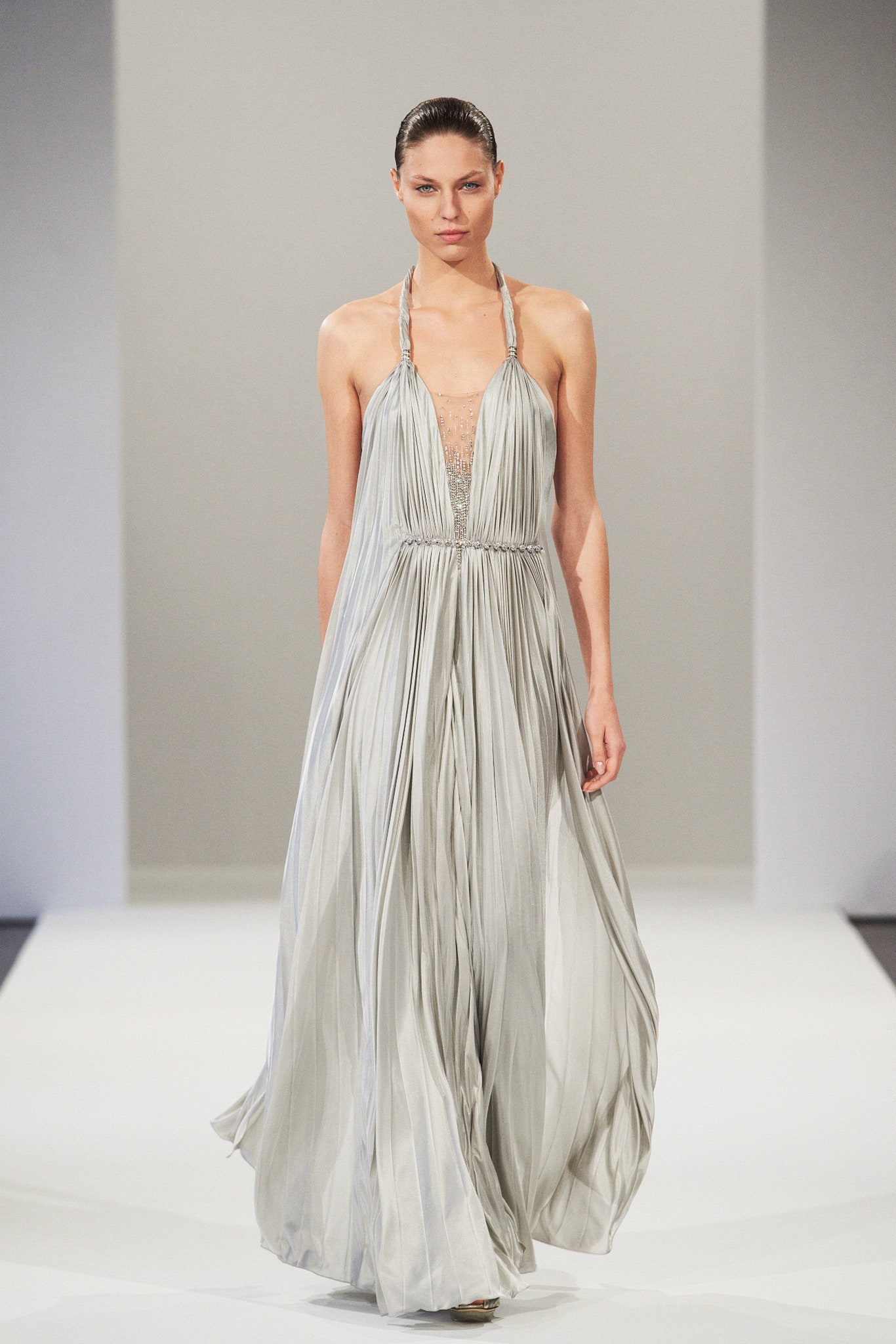 gray silk pleated gown