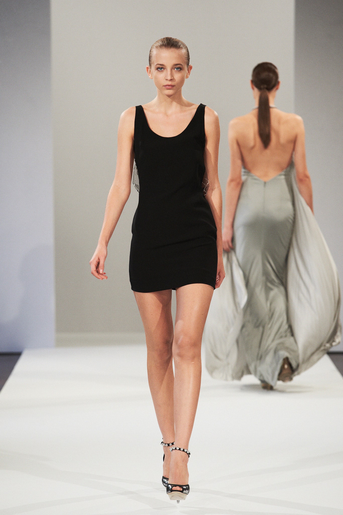black mini-dress and gray gown