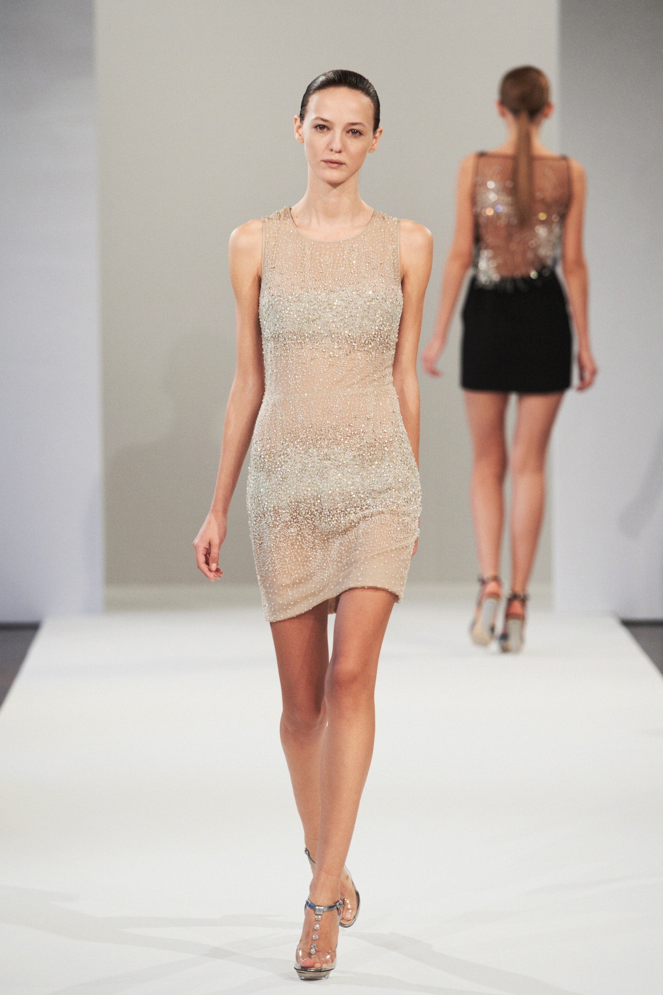 beige and black sequined mini dresses