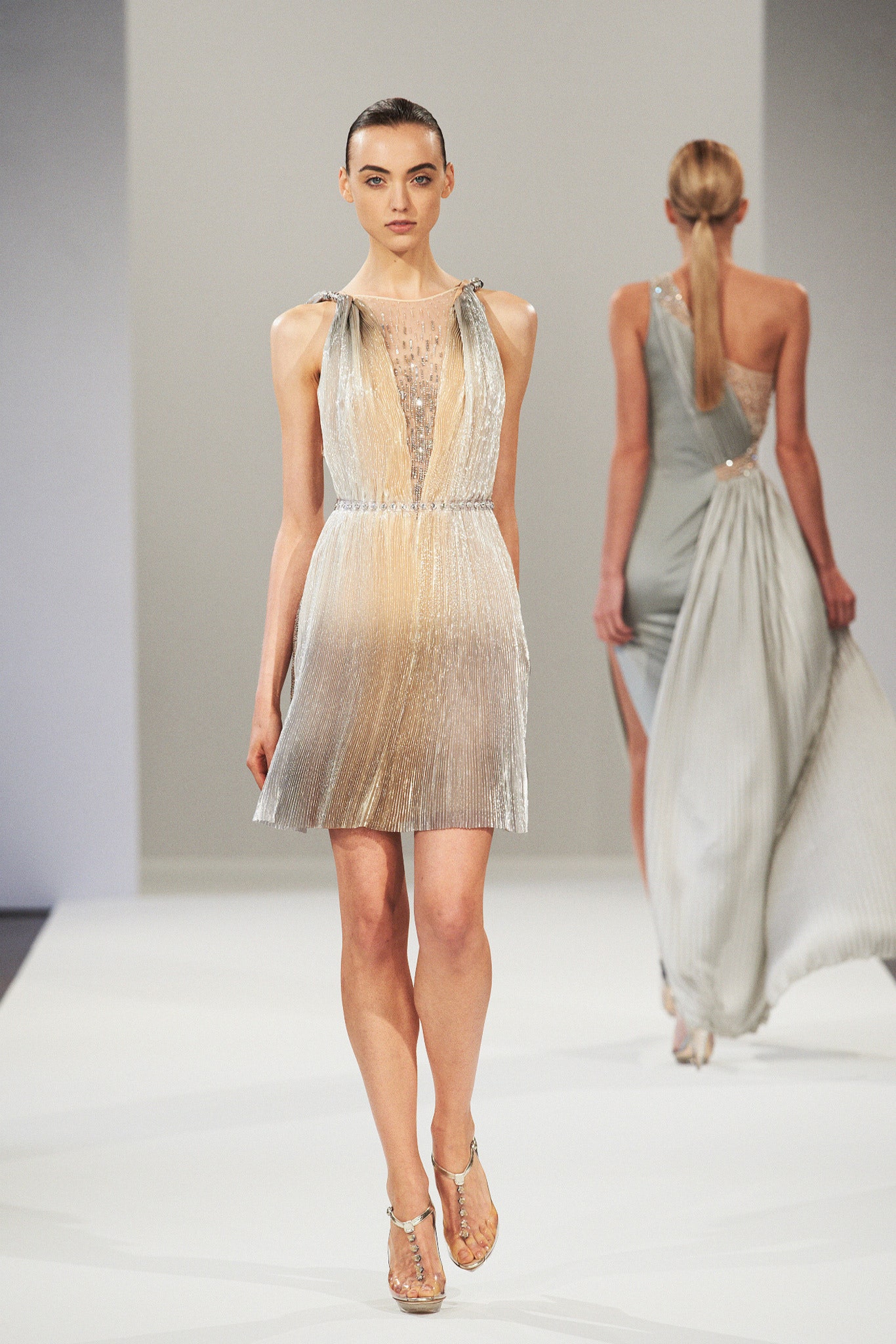 silver and gray pleated dresses