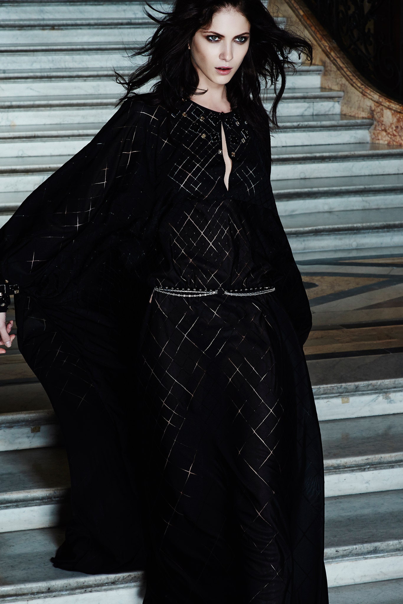 black silk embroidered gown