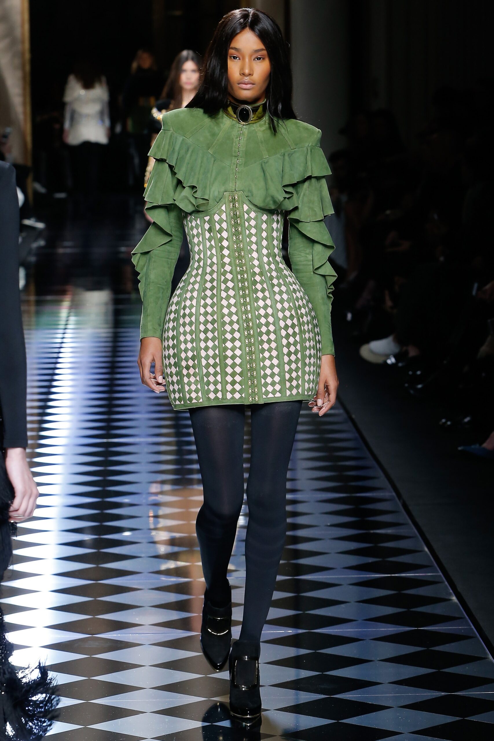 fitted green ruffled mini dress