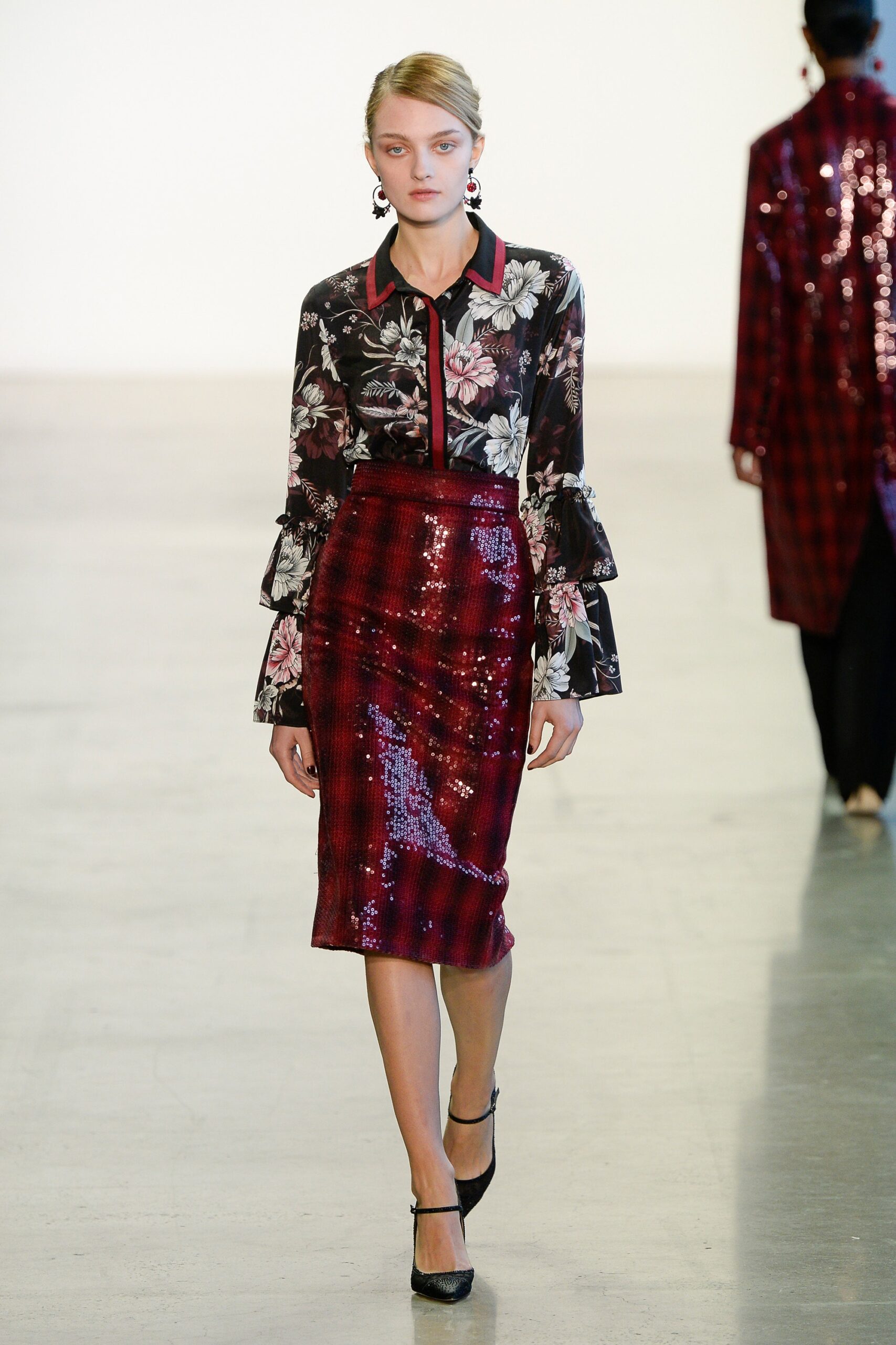 floral shirt and sequin pencil skirt