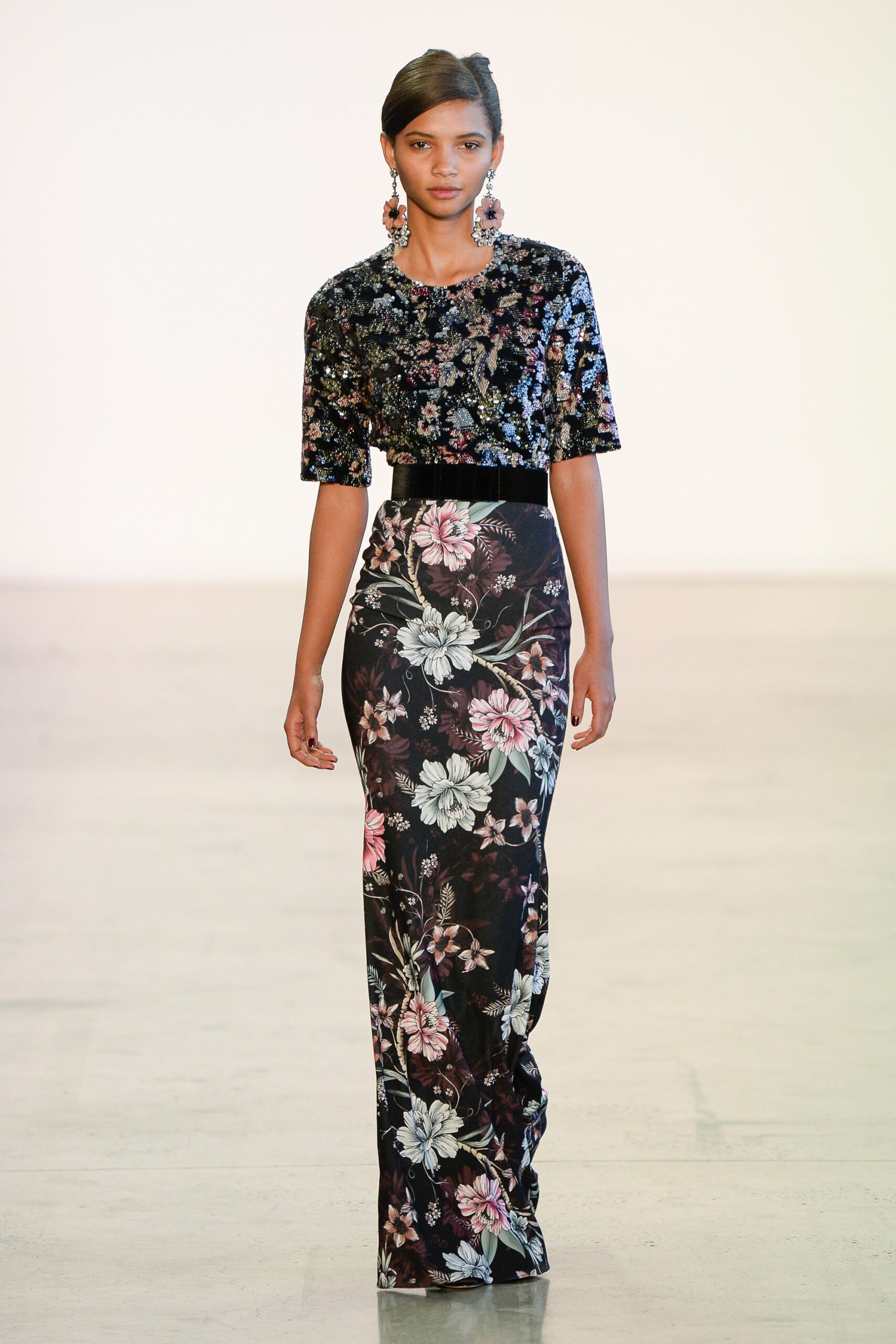 black embroidered velvet top with floral skirt