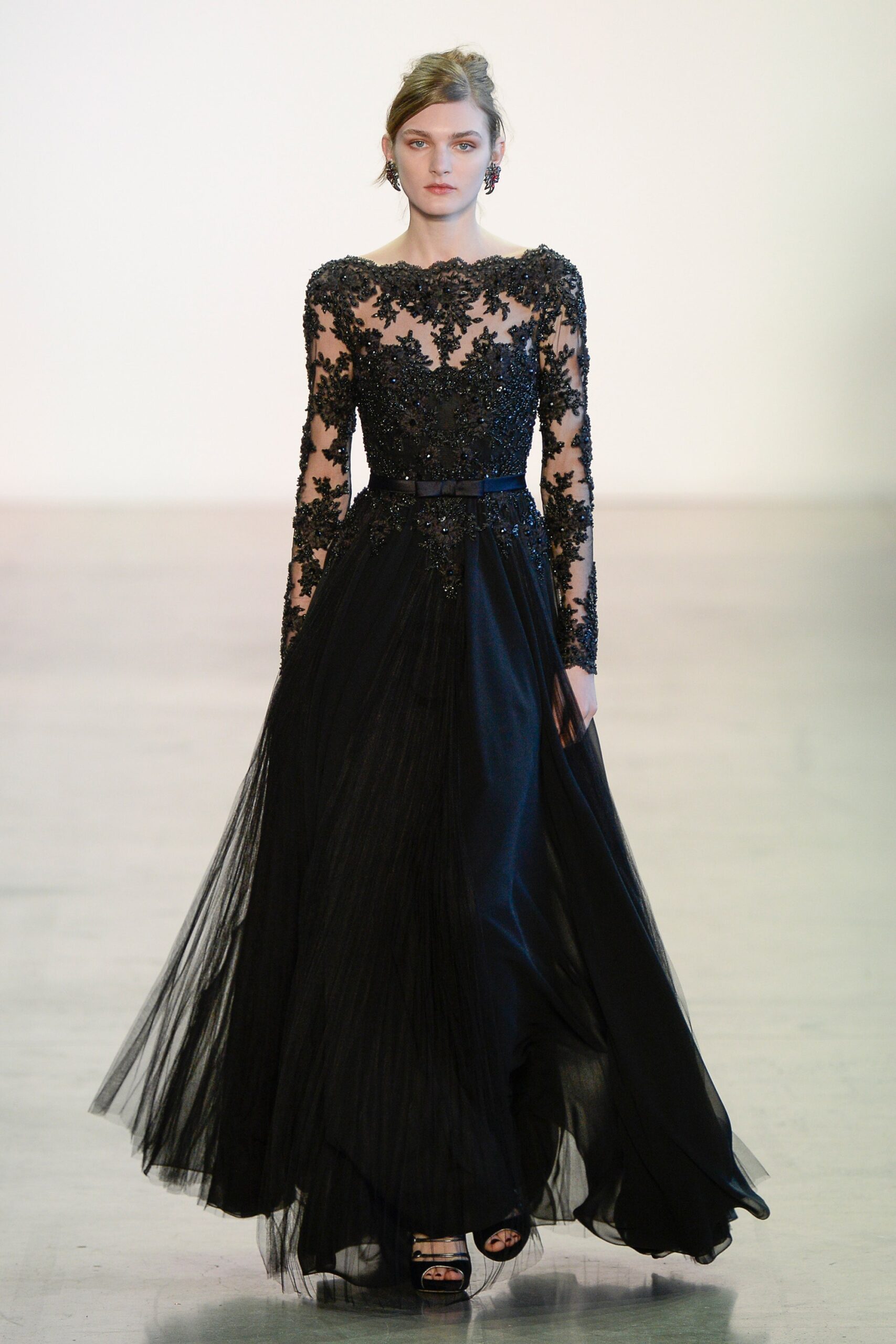 black embroidered long-sleeve gown