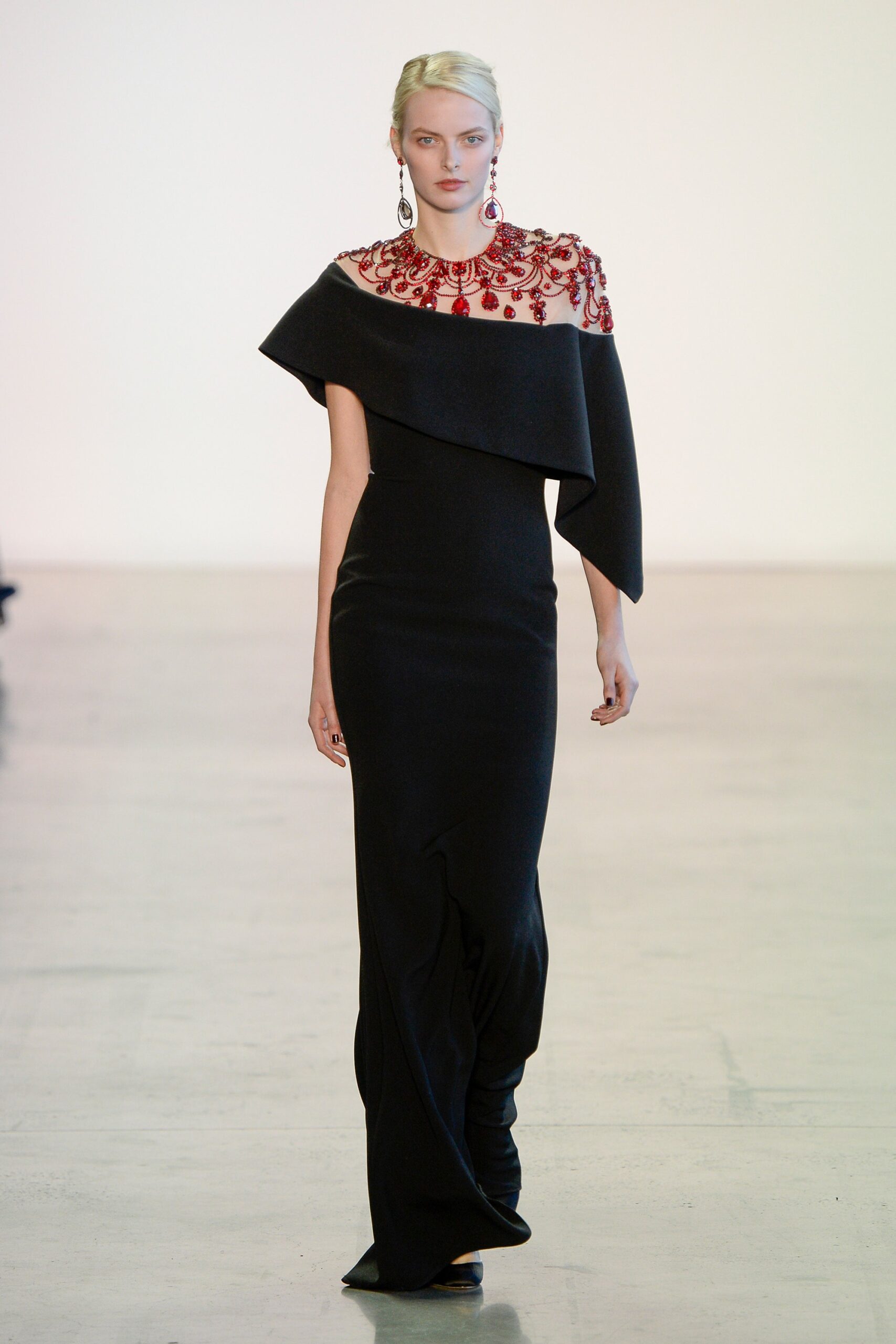 black silk off-shoulder gown