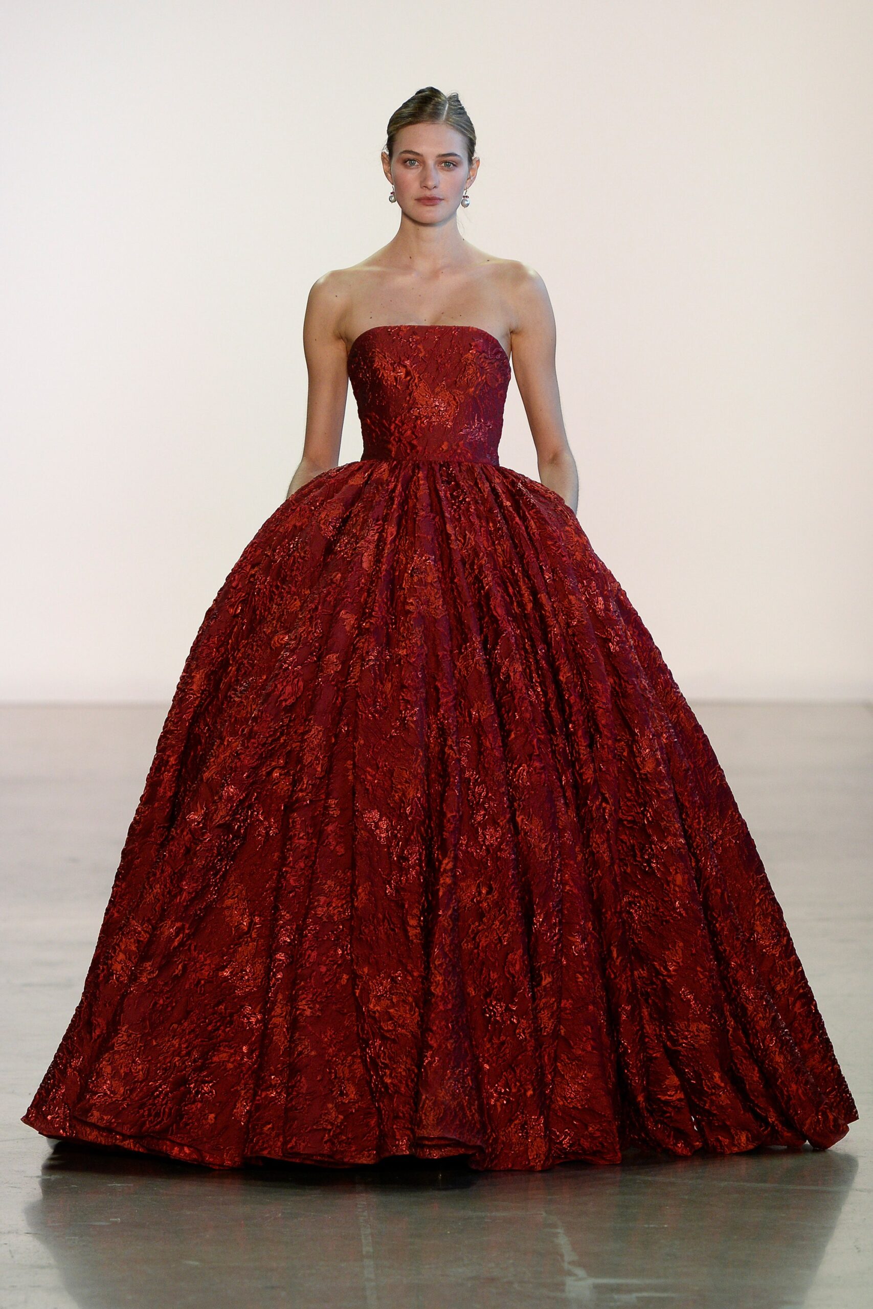 red silk strapless gown