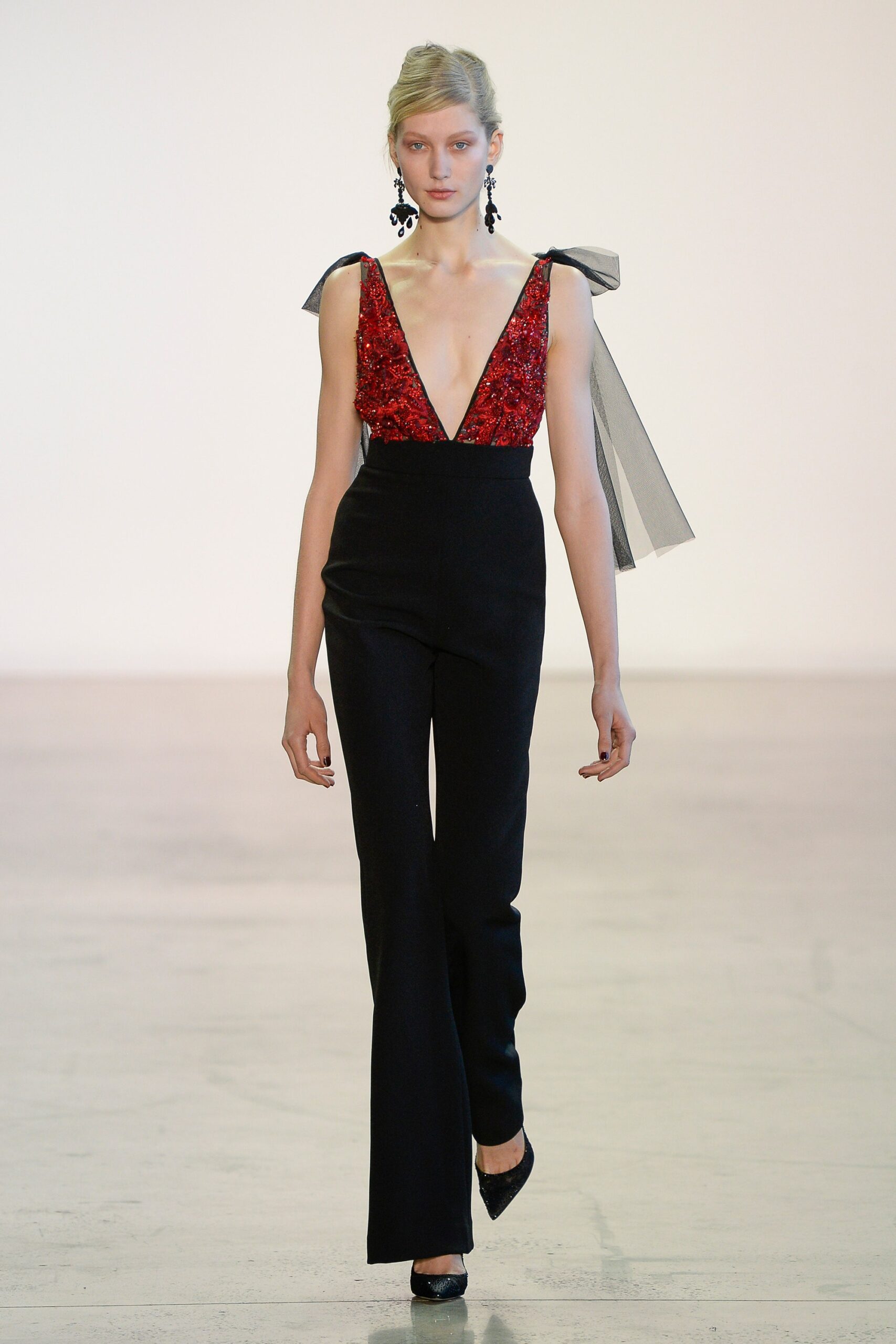 black and red sequined jumpsuit