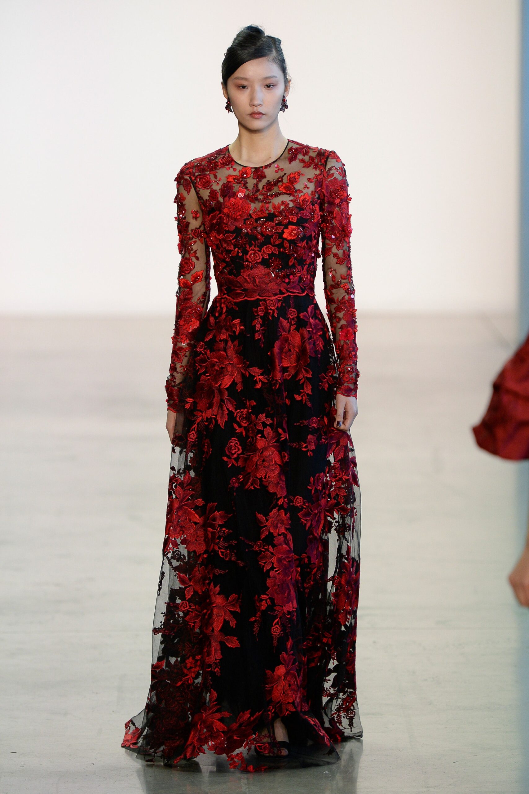 red black embroidered lace gown