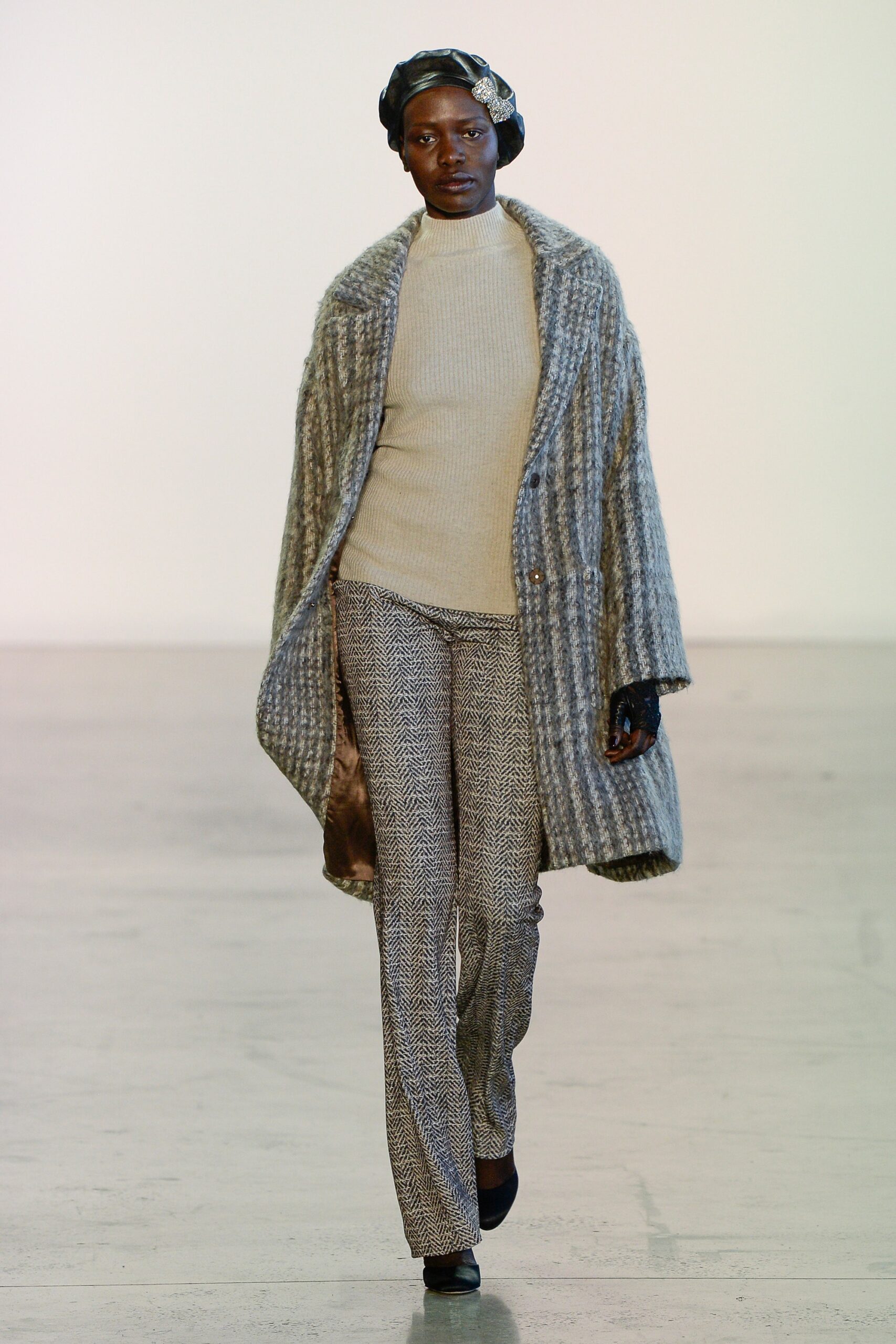 gray wool coat with beige top