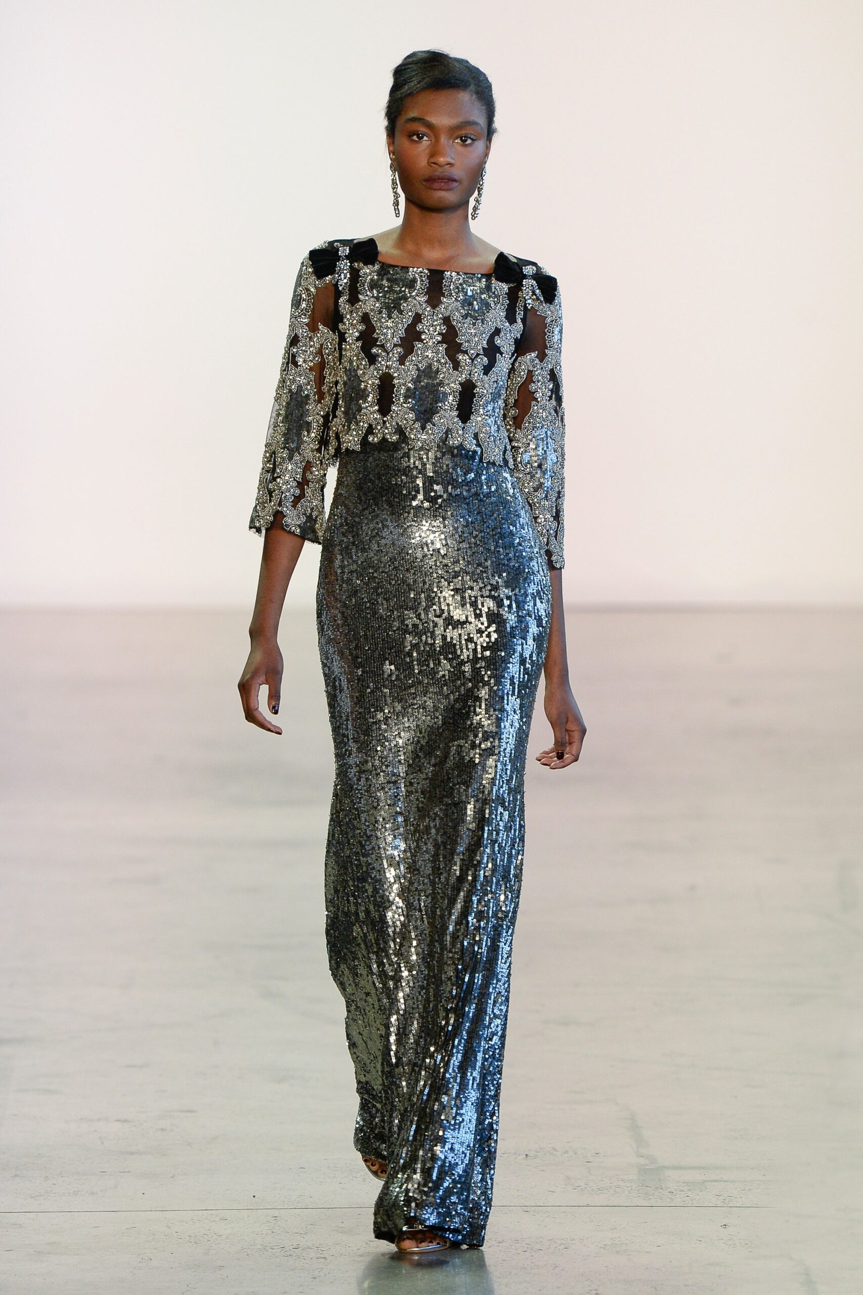 silver sequin long-sleeve gown