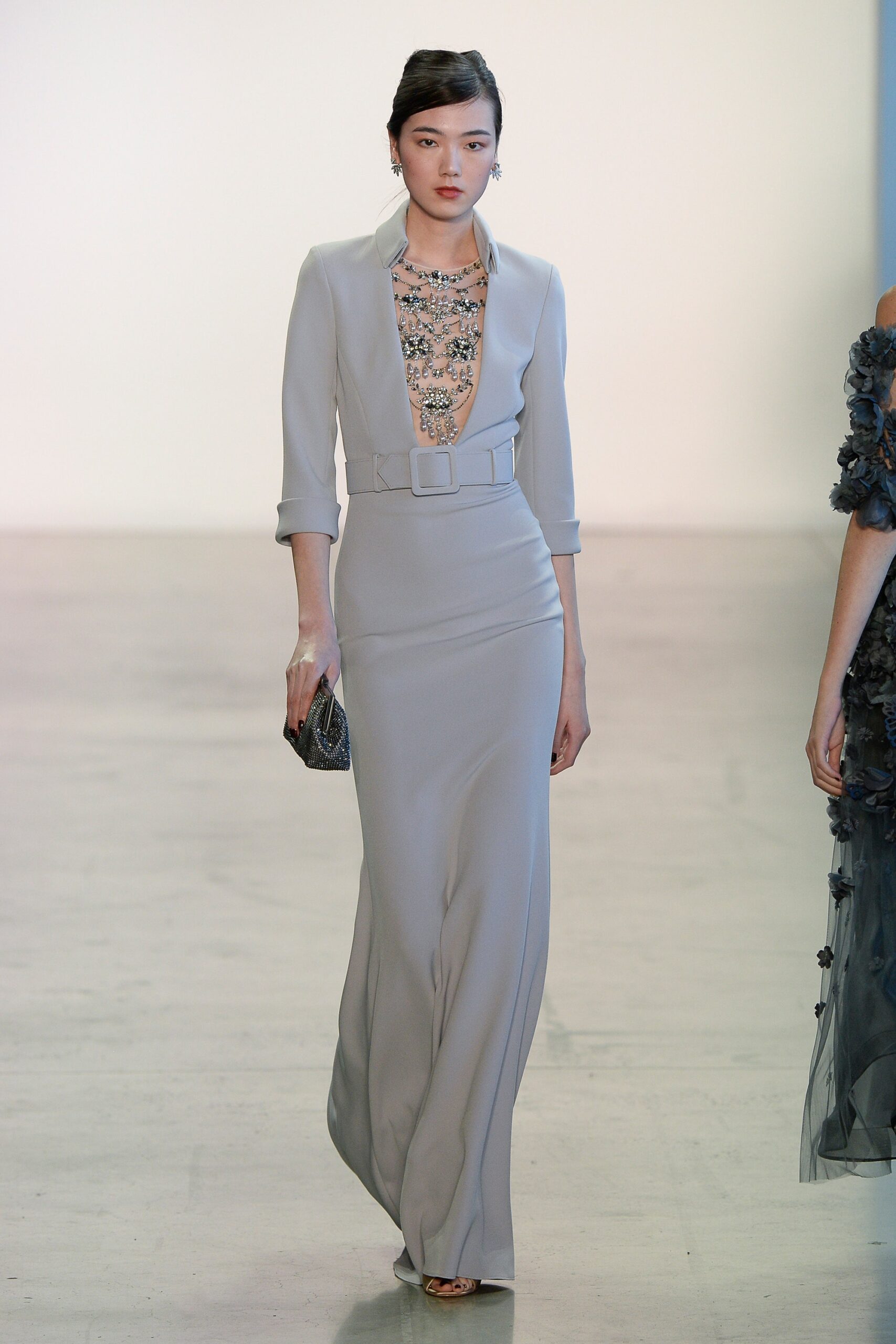 gray silk fitted gown