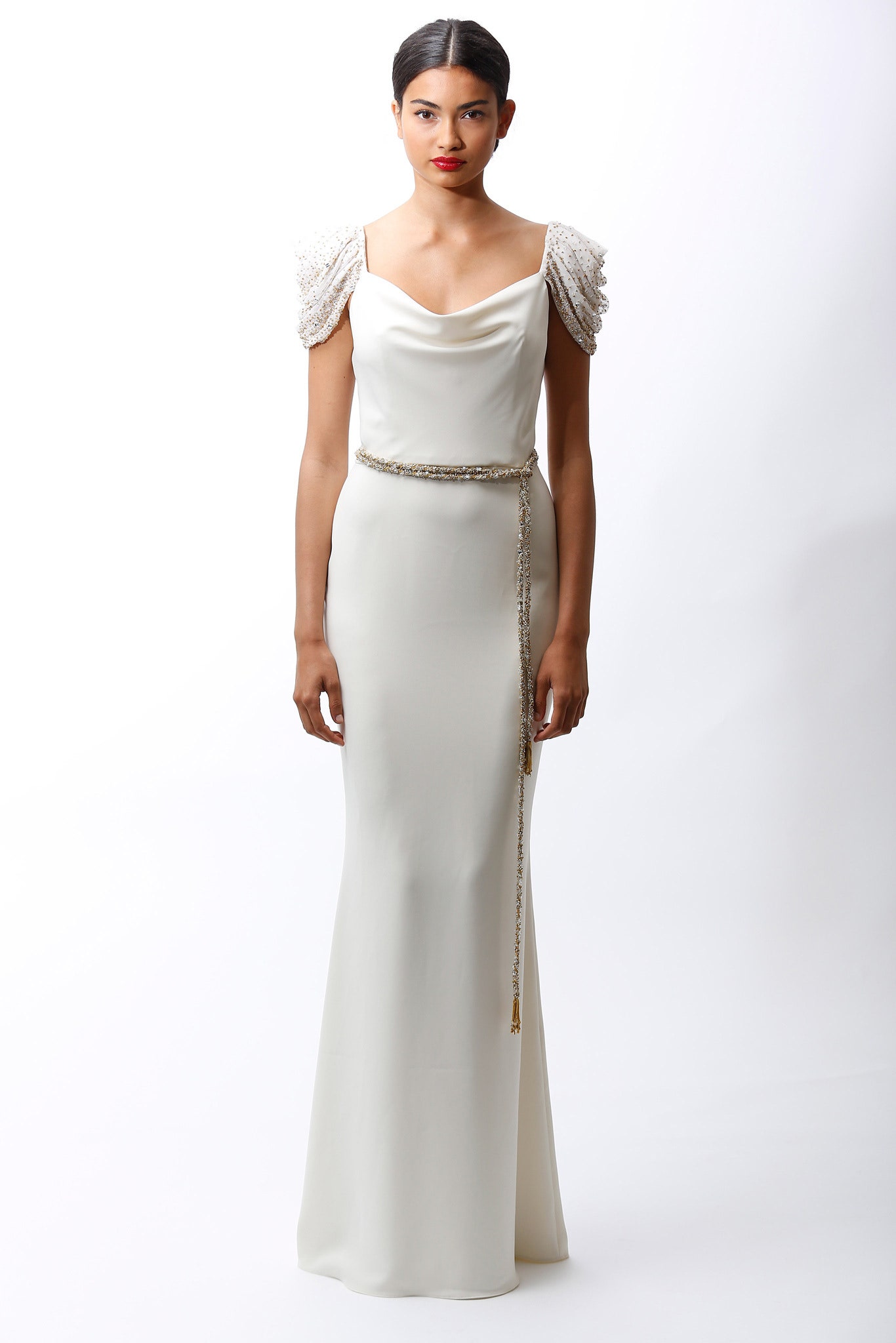 white silk fitted gown