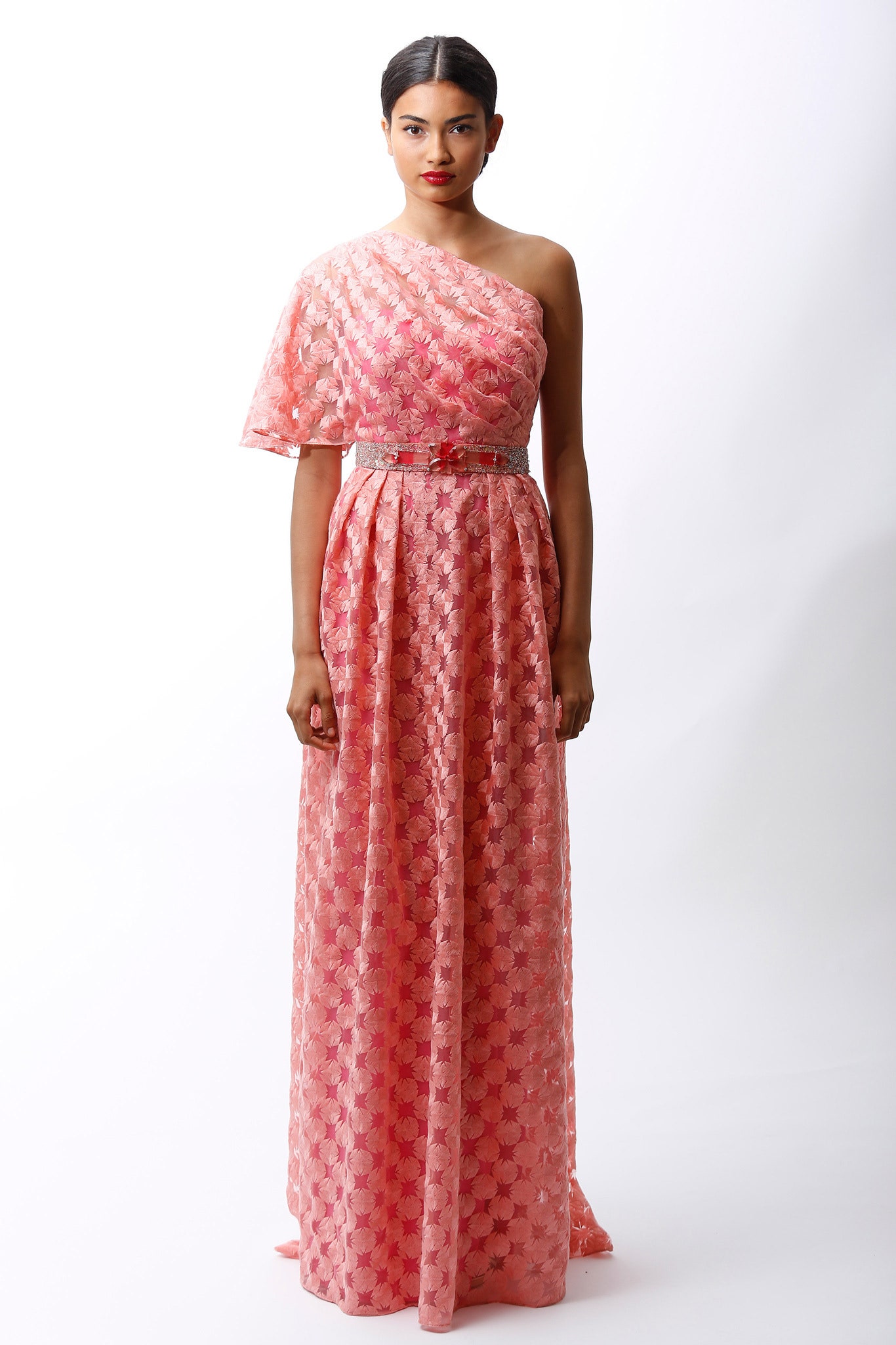 pink silk off-shoulder gown