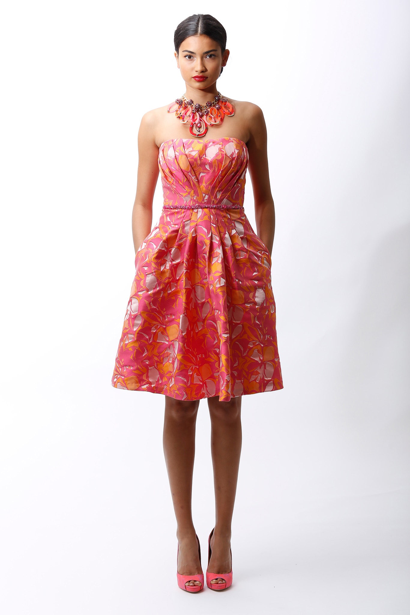 pink and orange pleated dress