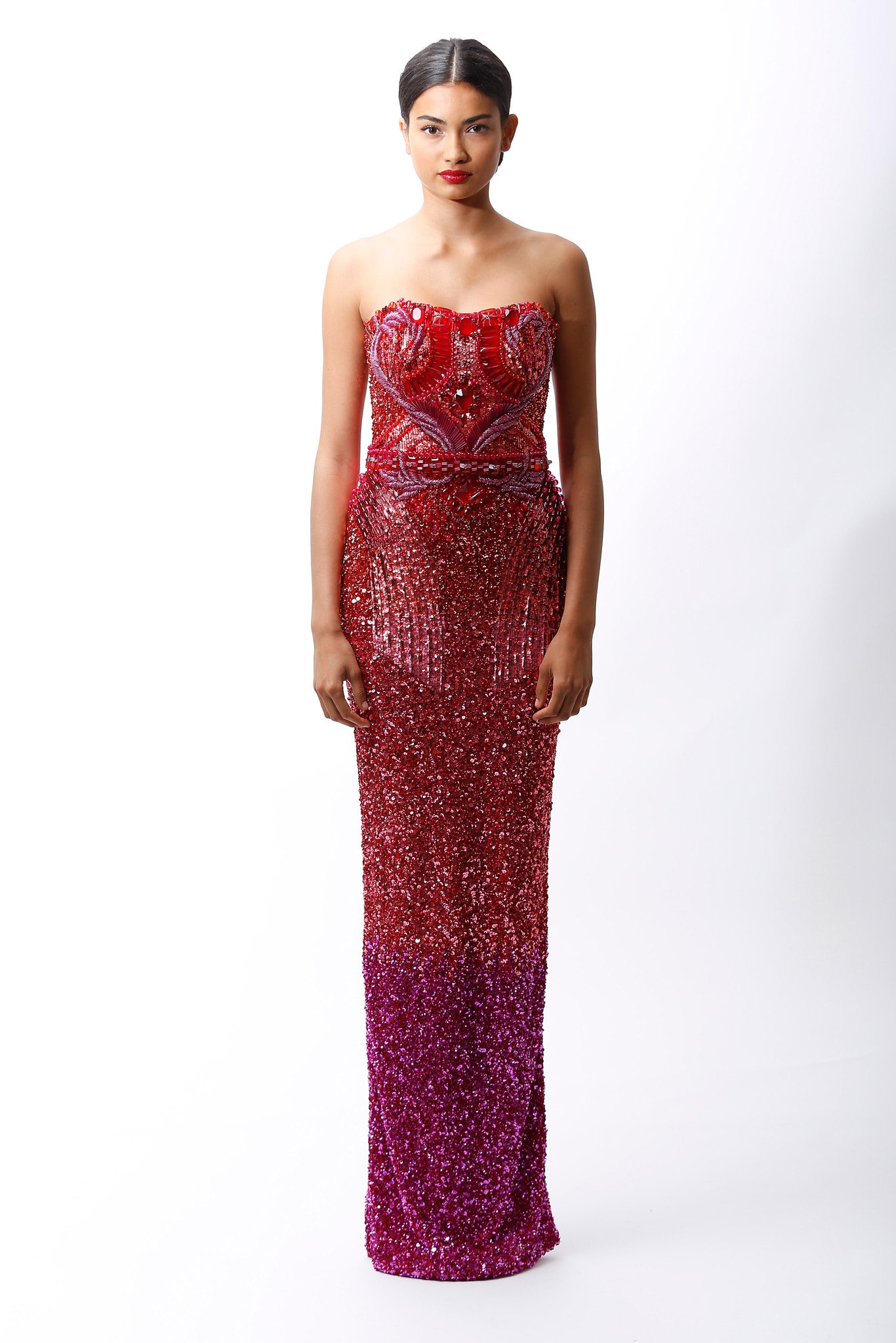 red pink sequin strapless gown