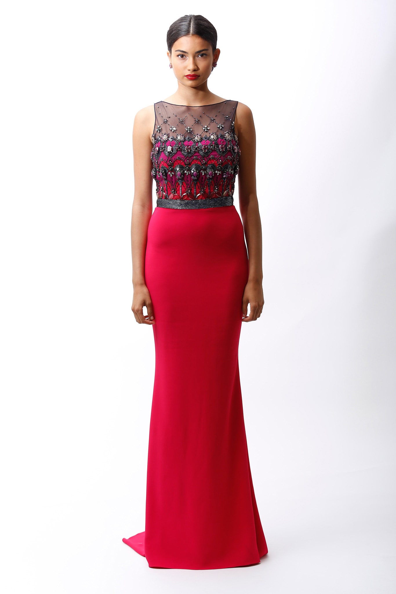 red silk embroidered gown