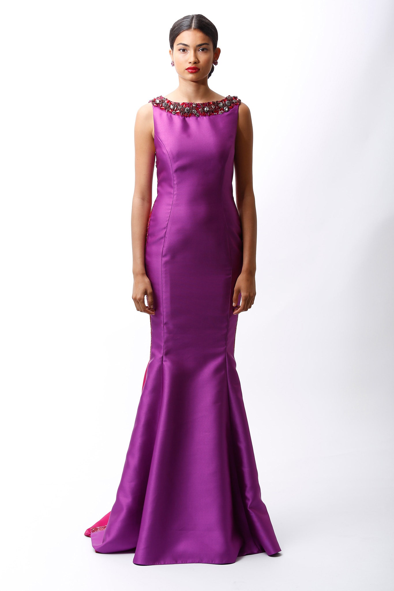 fitted purple silk gown
